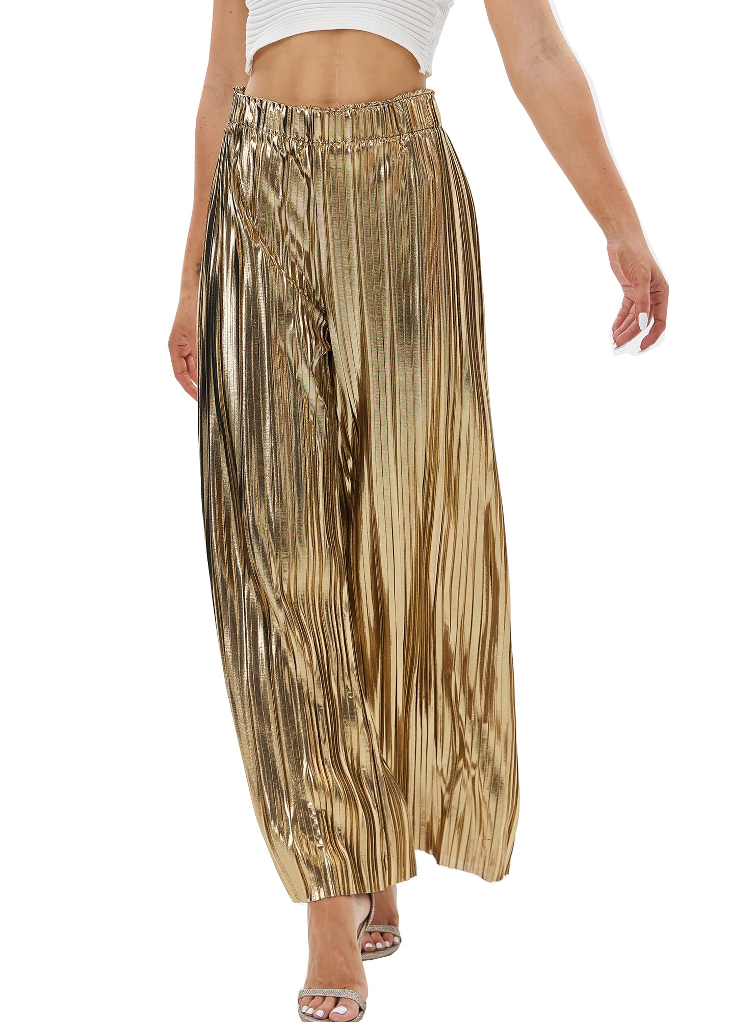 Fakanhui Women's Metallic Wide Leg Palazzo Pants Gold Silver Casual Dress Evening Party Clubwear Trouser