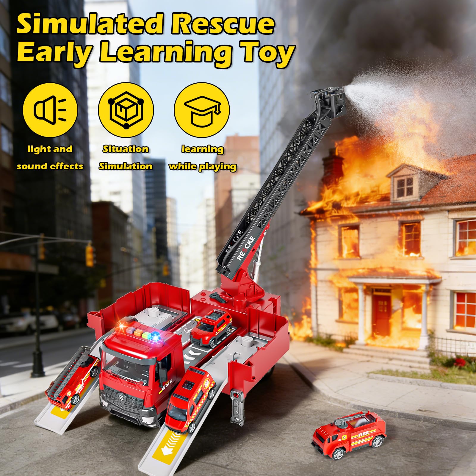 Doloowee Feuerwehrauto für Junge 3 4 5 Jahre, Verformbares Feuerwehrfahrzeug mit Feuerleiter, Sound und Licht, Sprudelfunktion, Autospielzeug Geschenk für Kinder ab 3 Jahren