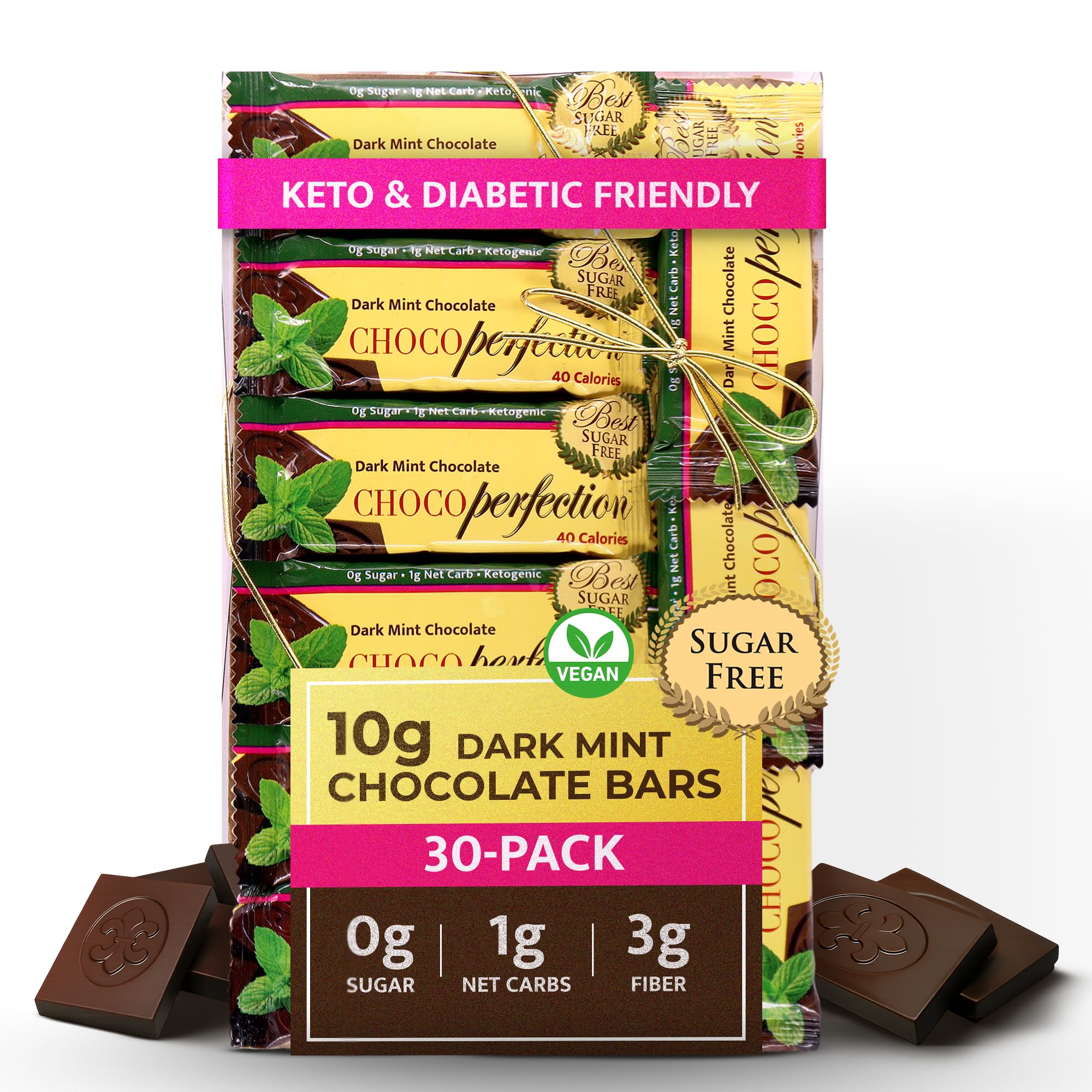 ChocoPerfection Sugar Free Dark Mint Chocolate – Keto-Friendly, Gluten-Free, Vegan, No Maltitol, Low-Carb, Low Glycemic, Diabetic-Friendly, Ideal for Valentine’s Day Gifts – Pack of 30, 10g Each