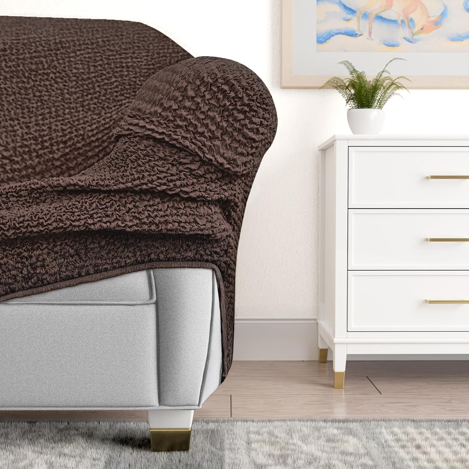 PAULATO BY GA.I.CO. Chaise Lounge Cover – Soft Form-Fit Slipcover – Stretch 1-Piece Protector for Lounge Chair – Mille Righe Fabric – Brown (with Armrest 32"-48" Wide)