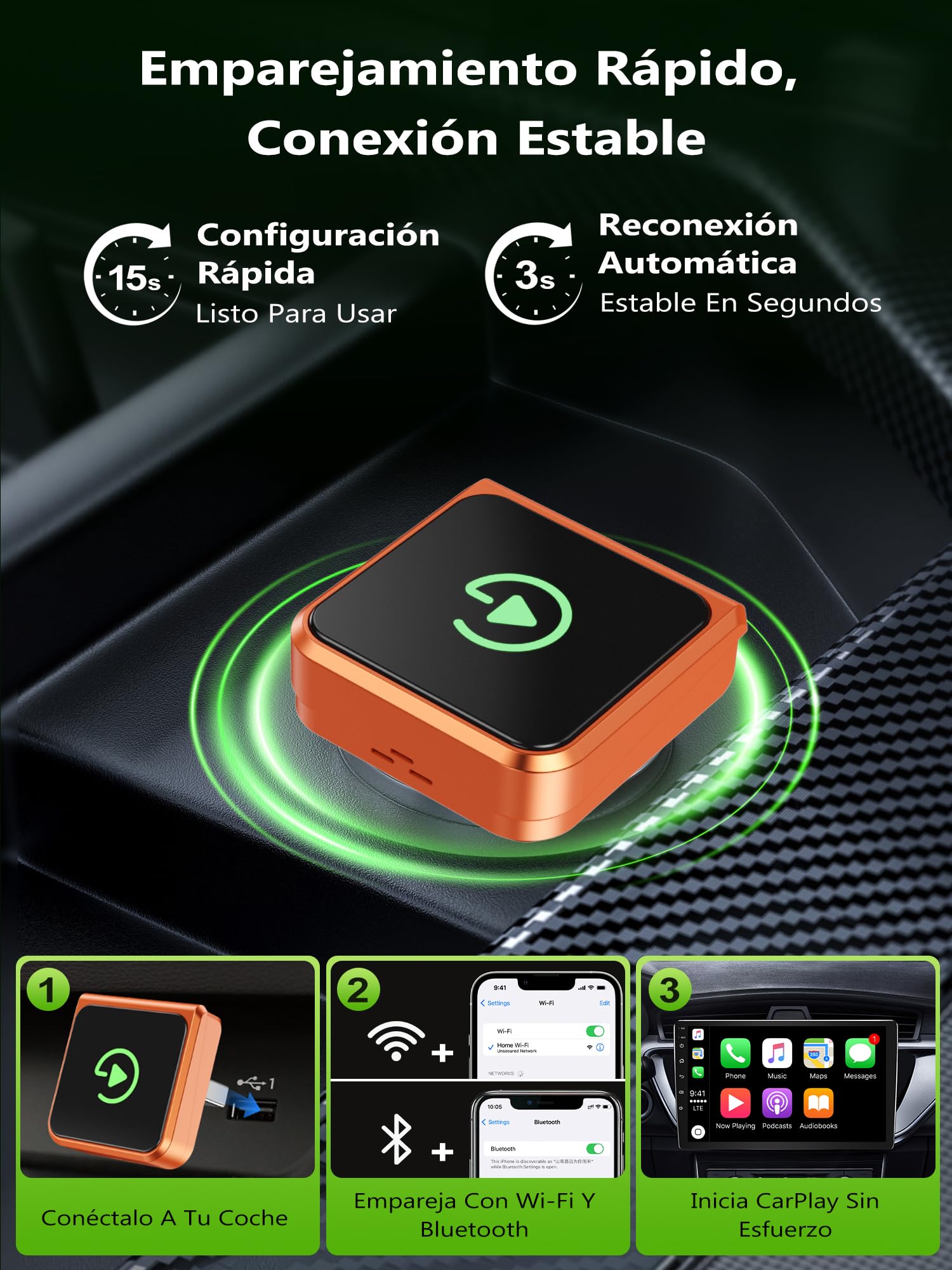 CarPlay Inalámbrico Android Auto Inalámbrico: Adaptador 2 en 1 Mini con Conexión Rápida Automática, Plug & Play, USB-A/C, WiFi Dual 2.4/5GHz, Auto Reconexión, Compatible iPhone iOS 10+ & Android 11+
