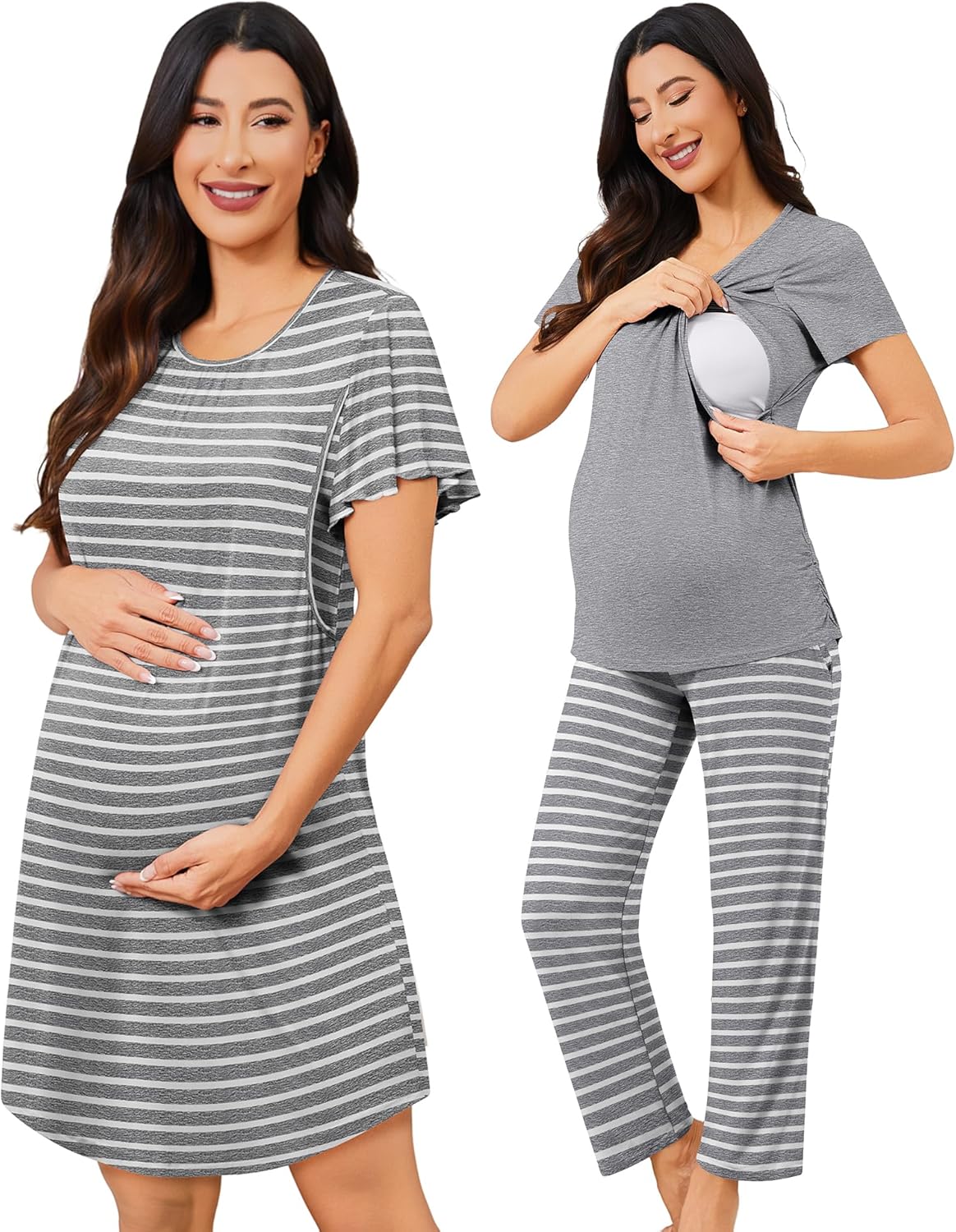 SWOMOG 3PCS Maternity Nursing Nightgown & Pajamas Set Short Sleeve Pjs for Breastfeeding Hospital Pregnancy Lounge Sets