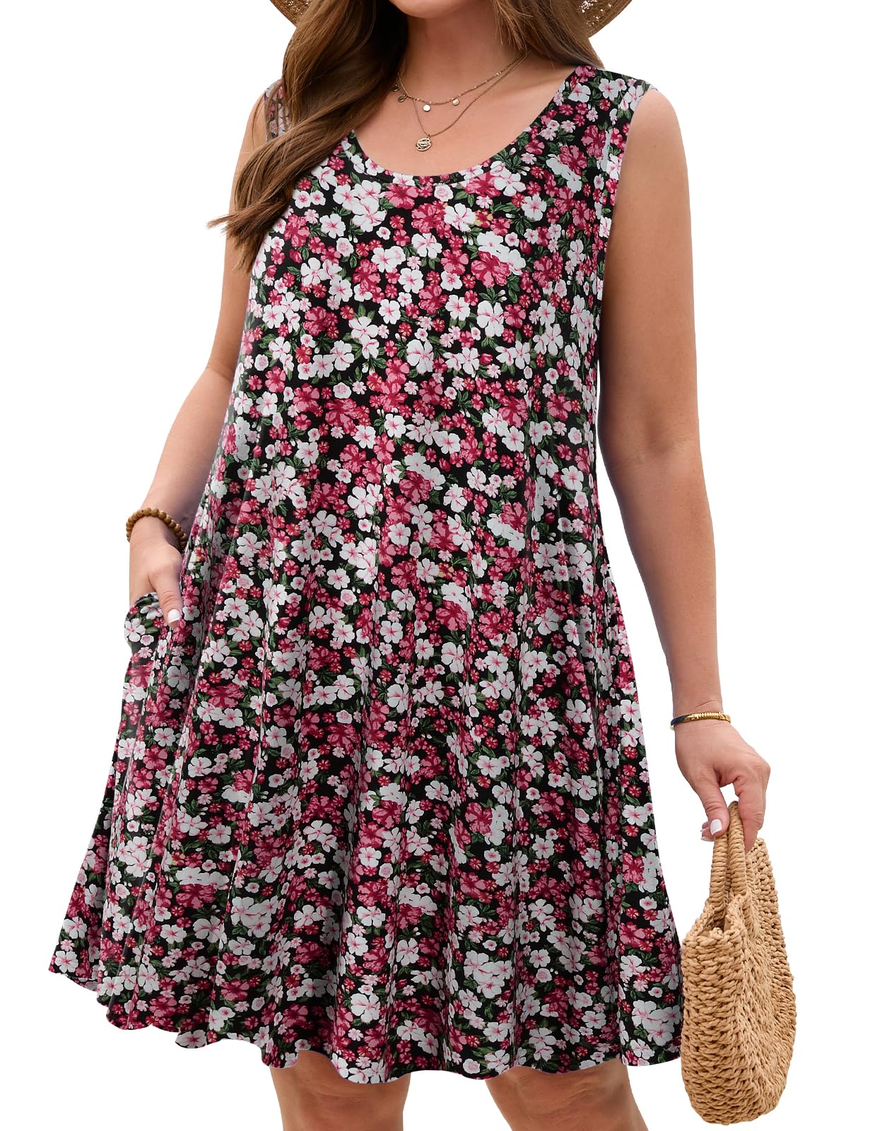 JollieLovin Women Plus Size Curvy Summer Tank Sun Dresses Sleeveless Causal T-Shirt Dress Beach Swing Cover up(L-5X)