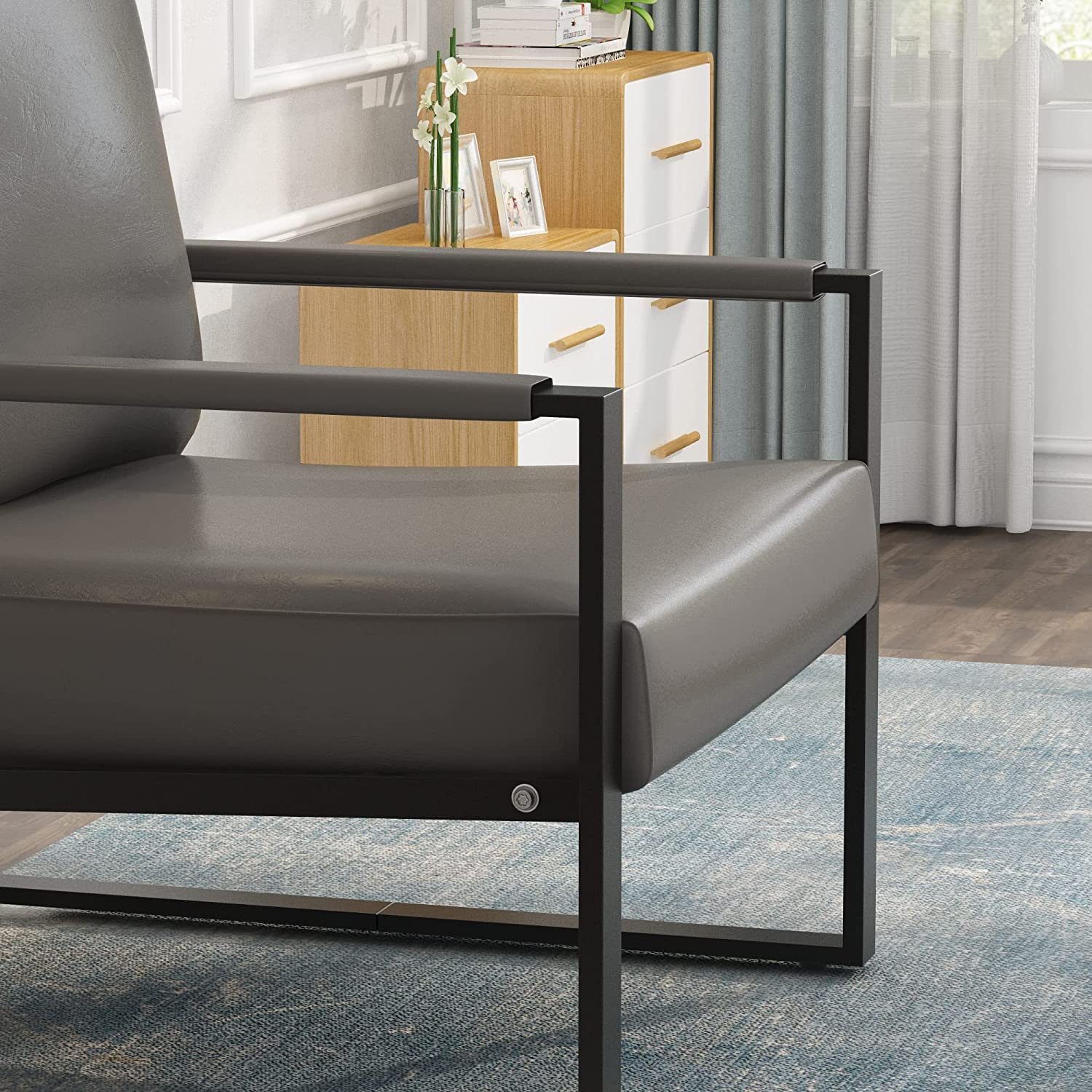 AWQM Leather Accent Chair Set of 2 Sofa Chair with Extra-Thick Padded Backrest and Seat Cushion Single Sofa for Living Room Bedroom, Black Metal Frame, 105 Degree Slant Back, Grey