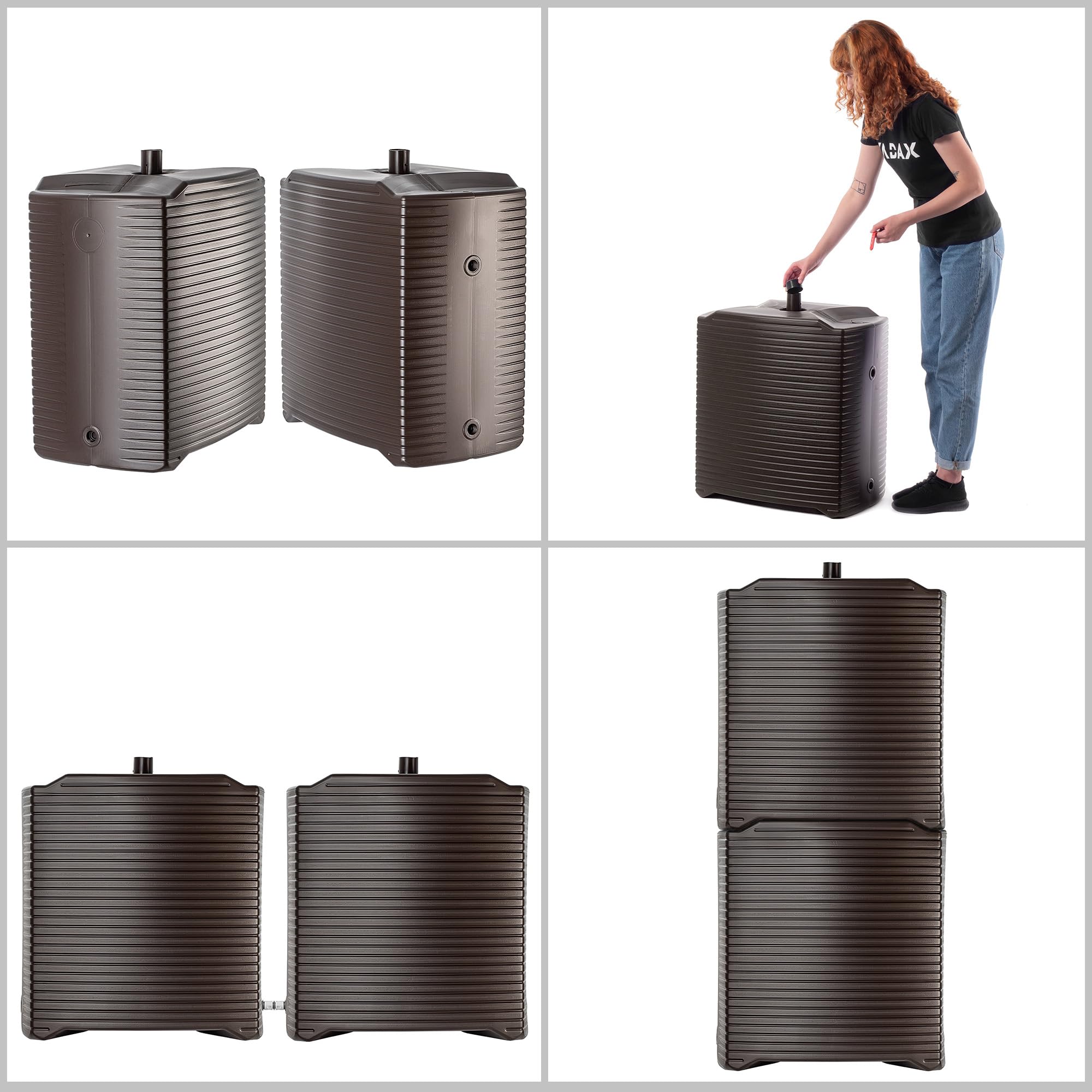 KADAX 2X Regentonne 125 Liter mit Regensammler, Auslaufhahn & Anschlussset B, modularer Regenwassertonne aus robustem Kunststoff, großer Regenwassertank für Garten (Mokka)
