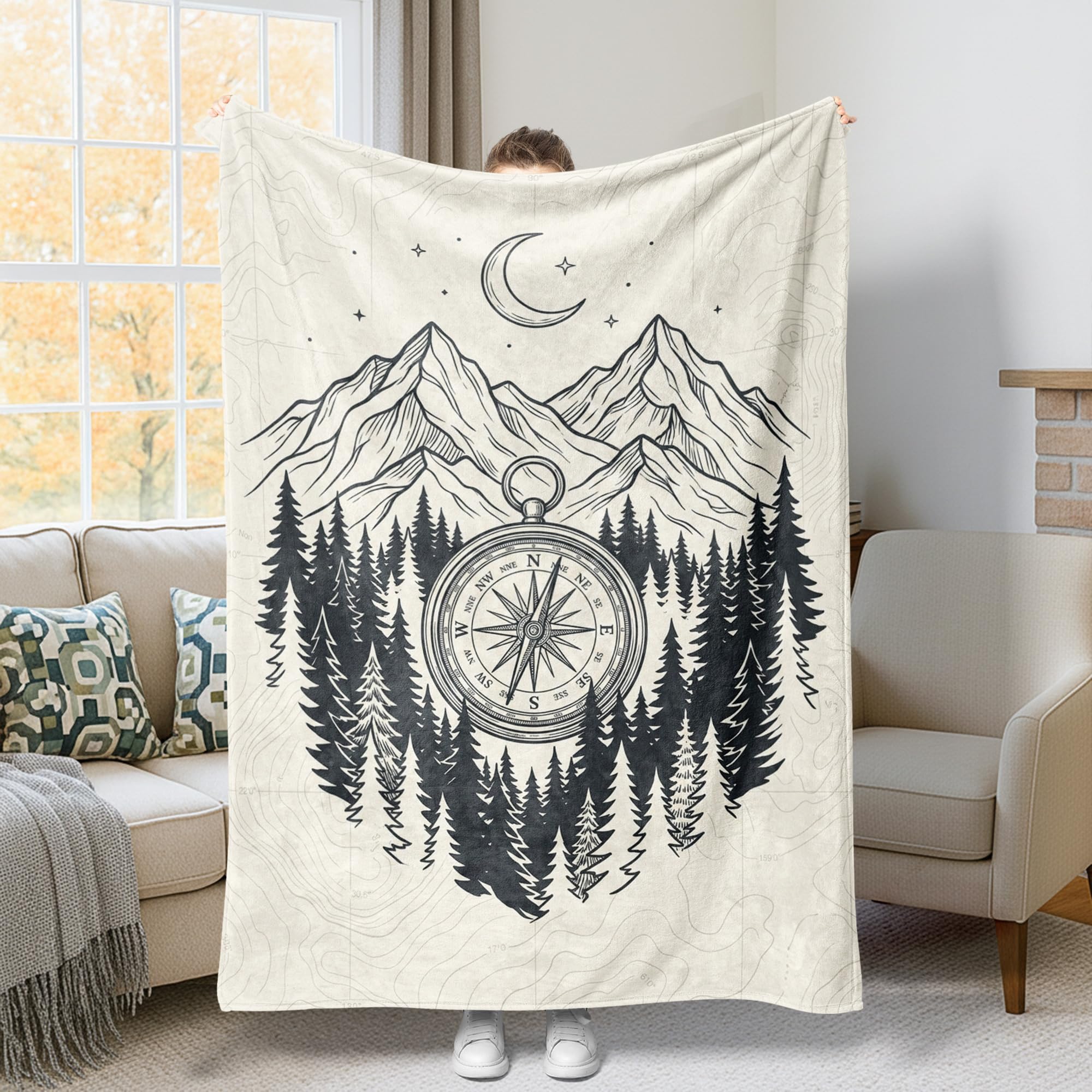 Couverture lit motif boussole en polaire premium pour une déco automnale