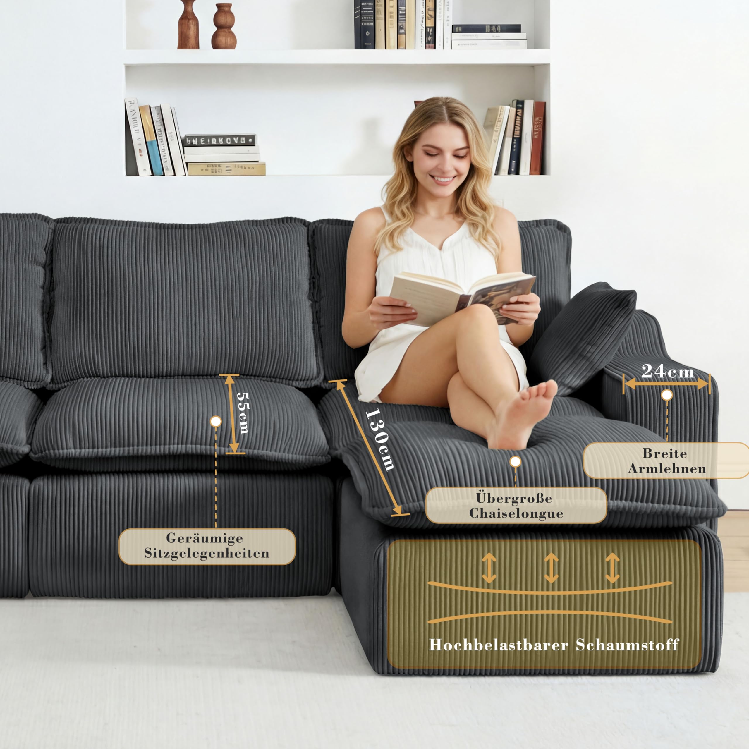 Vipbear Ecksofa, Modulares Sofa 273 cm breit, L-Form Sektionssofa 4-Sitzer mit Abnehmbarer Ottomane, Cloud-Sofa aus Cord mit Chaiselongue Links, L Sofa Couch für Wohnzimmer, Dunkelgrau