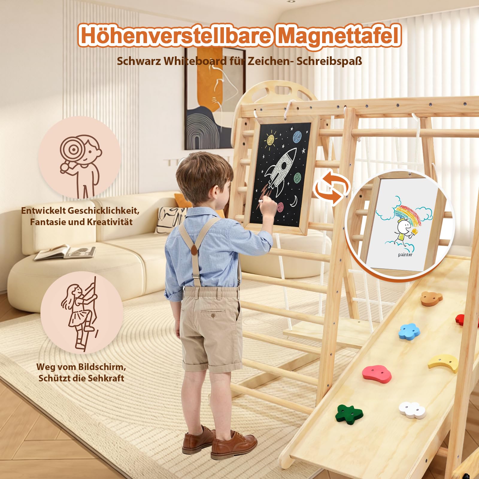 Klettergerüst Indoor ab 1 Jahr Mini&Klappbar 10 in 1 Montessori Indoor Spielplatz Kinder – Kletterturm aus Holz mit Tafel, Rutsche, Kletterwand, Kletternetz, Schaukel & Schwebendes Balancierholz