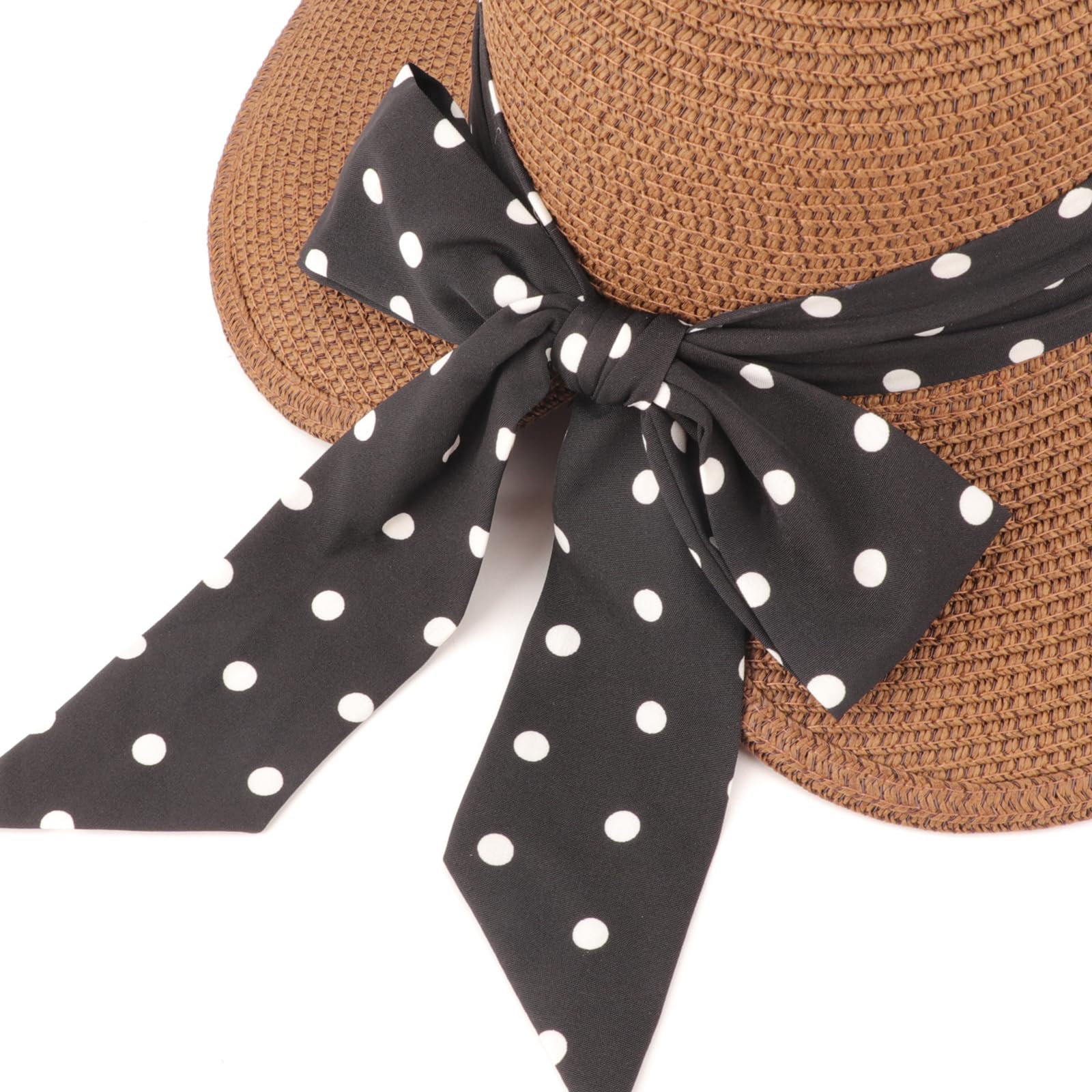 AQOKKA Chapeau de soleil en paille à large bord avec nœud papillon pour femme - Chapeau de plage pliable pour l'été - UPF 50+