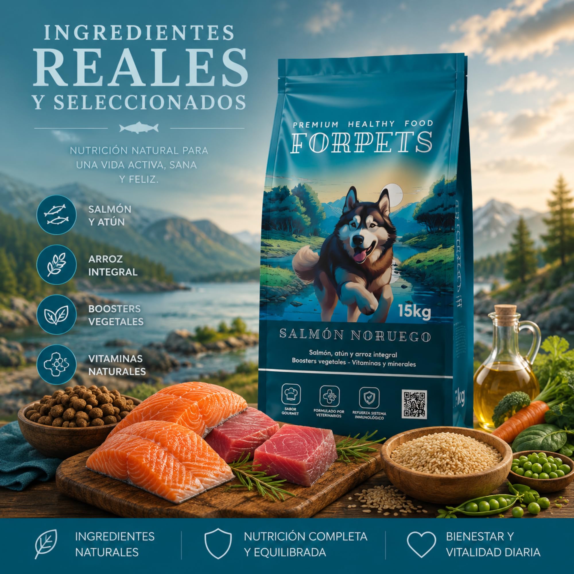 FORPETS Pack Pienso Salmón Noruego 15kg + 9 Latas Cordero y Ternera en Salsa, Comida Natural para Perros Adultos, Sin Trigo ni Maíz, Hipoalergénico, Omega 3 y 6