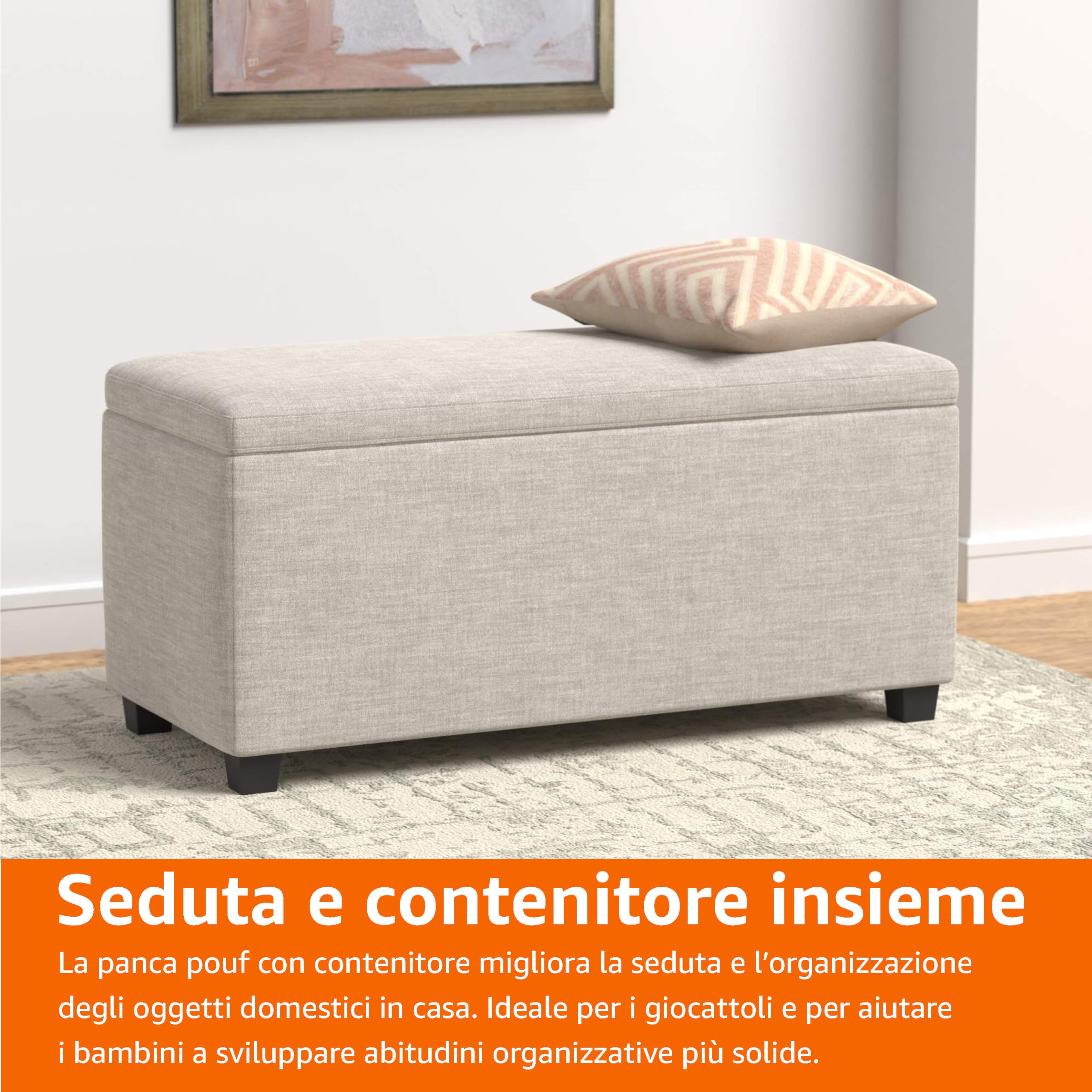 Amazon Basics Pouf rettangolare imbottito Poliestere, contenitore portaoggetti e panca da ingresso, poggiapiedi, Beige, 42 x 91 x 43 cm (L x P x A)