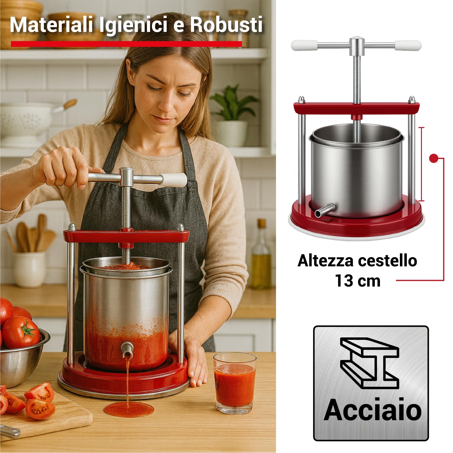 Crisalide® - Torchietto Spremitutto Milleusi Medio, Cestello da 3,5 Litri in Acciaio Inox, Beccuccio Scarico Ø14 mm, Diametro 16 cm