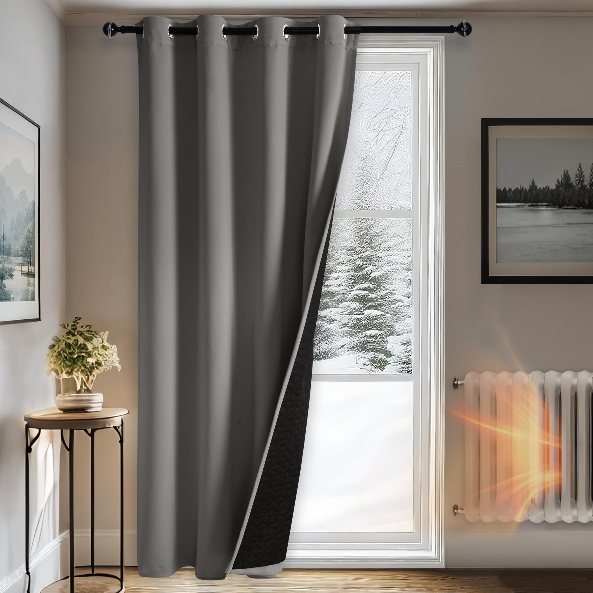 DWCN Rideau Thermiques Isolant Anti Froid et Chaleur 140 x 260 CM,Double 100% Occultant Epais Rideaux de Porte Oeillets, Gris, Lot de 1