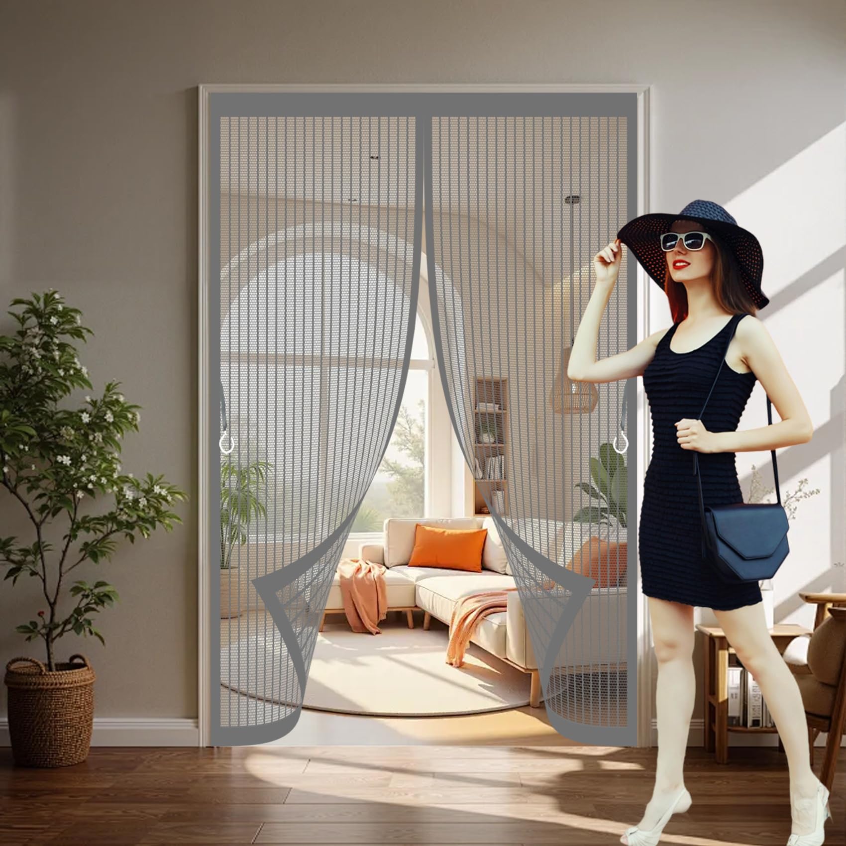 Fly Nets for Doors 198 x 198 cm with Powerful Magnets & Full Frame Magic Tape No Gap, Lets Fresh Air in, Keep Bugs Out Thermal Insulated Door Curtain for Patio Doors Bedroom, Grey