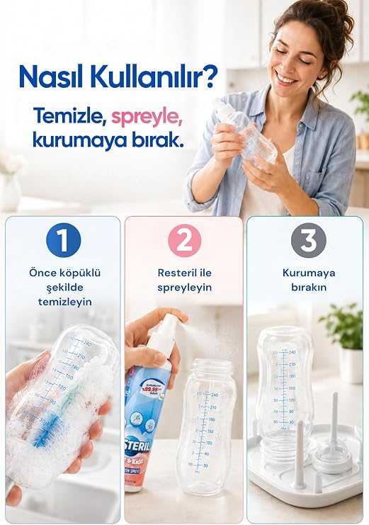 Resteril Biberon Temizleyici Alkolsüz Durulanmayan Saf Hipokloröz Biberon Sterilizatör Emzik Süt Pompası Hijyen Spreyi Bebek Dezenfektan Sprey Baby Kids 200ml