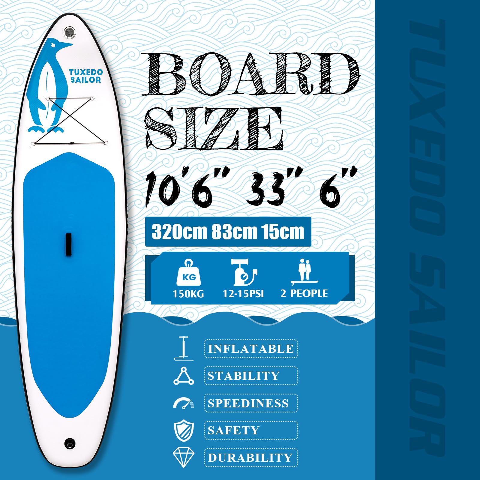 Tuxedo Sailor SUP Gonfiabile Adulti 320 cm Stand Up Paddle Board, Tavola da SUP Paddle Board con Accessori, Tavola Gonfiabile 2 Posti