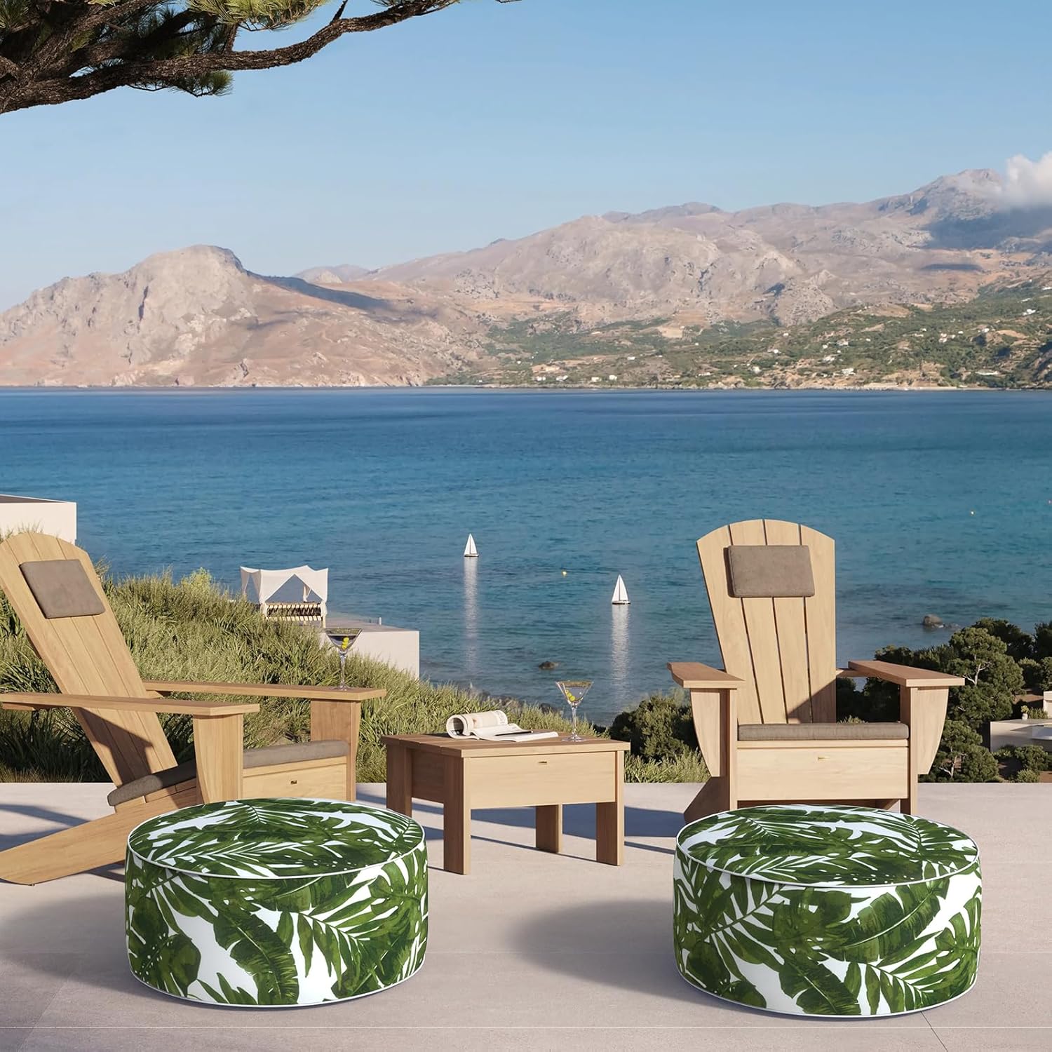 DYTXIII Inflatable Ottoman Stool D21 xH9 for Outdoor/Indoor Use, Water Repellent Patio Foot Rest Stool with Portable Handle,Round Pouf Ottoman Suitable for Garden,Deck and Camping - Palm Green