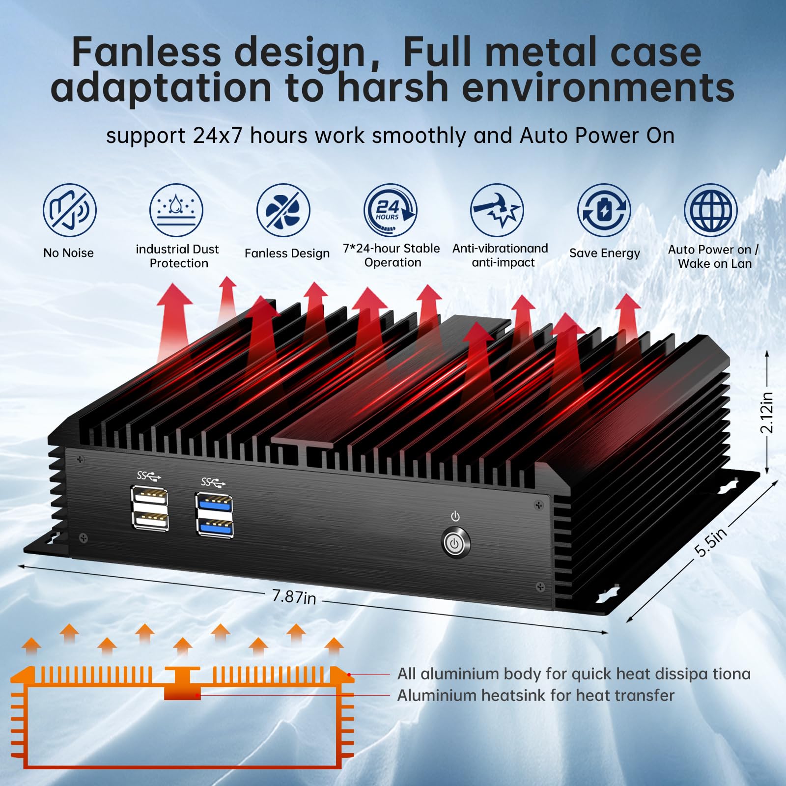 KINGDEL Mini Desktop Computer, Fanless Mini PC With I5 CPU, 4GB RAM, 64GB SSD, 2xLAN, 2xHD Ports, 6xCOM RS232, All Metal Body