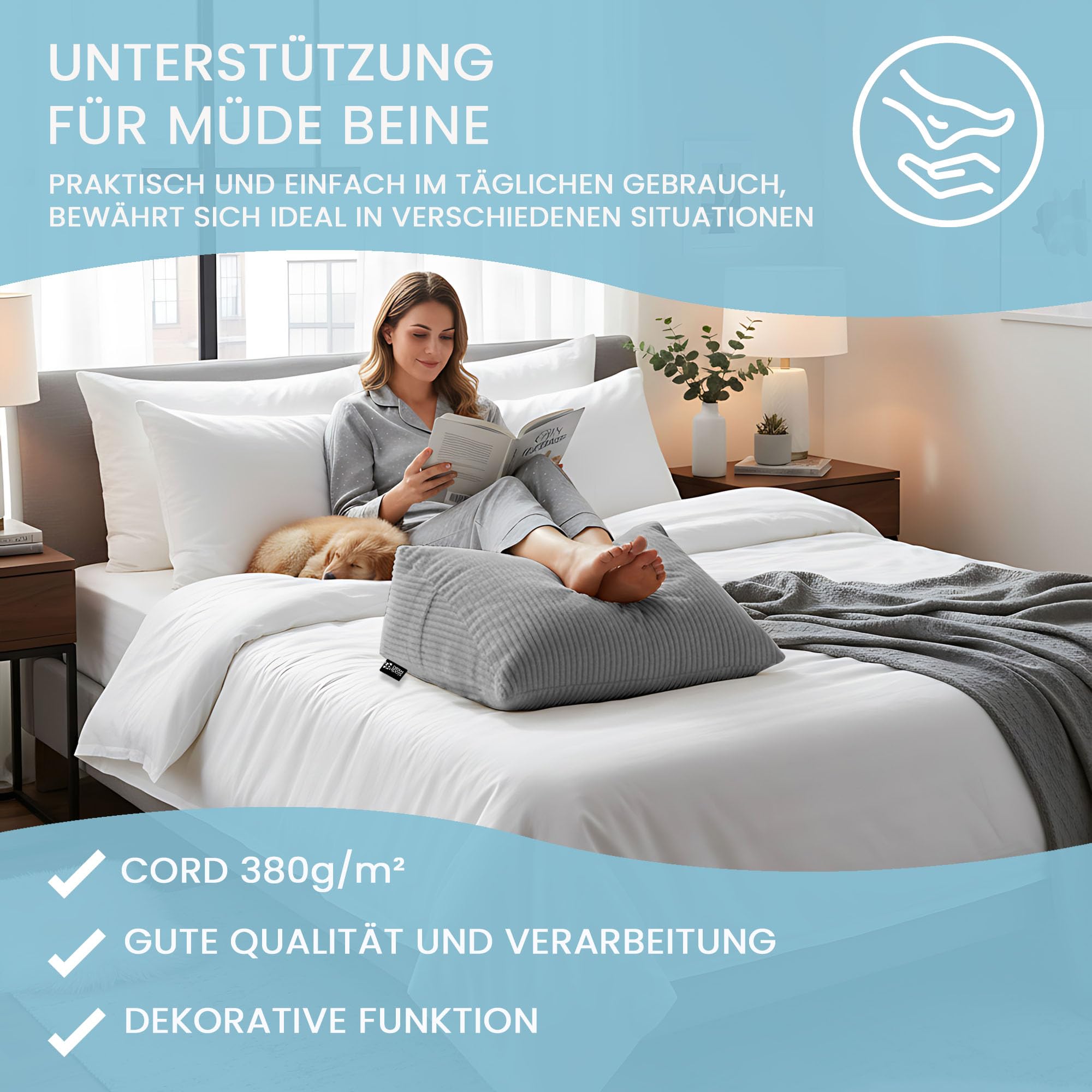 DreamRoots Rückenkissen Keilkissen Bett - Verstellbares Lesekissen & Wandkissen, 70×40×20 cm Cord-Bezug 380 g/m², abnehmbar & waschbar, Seitentasche - Sofa Rückenkissen Dunkelgrau