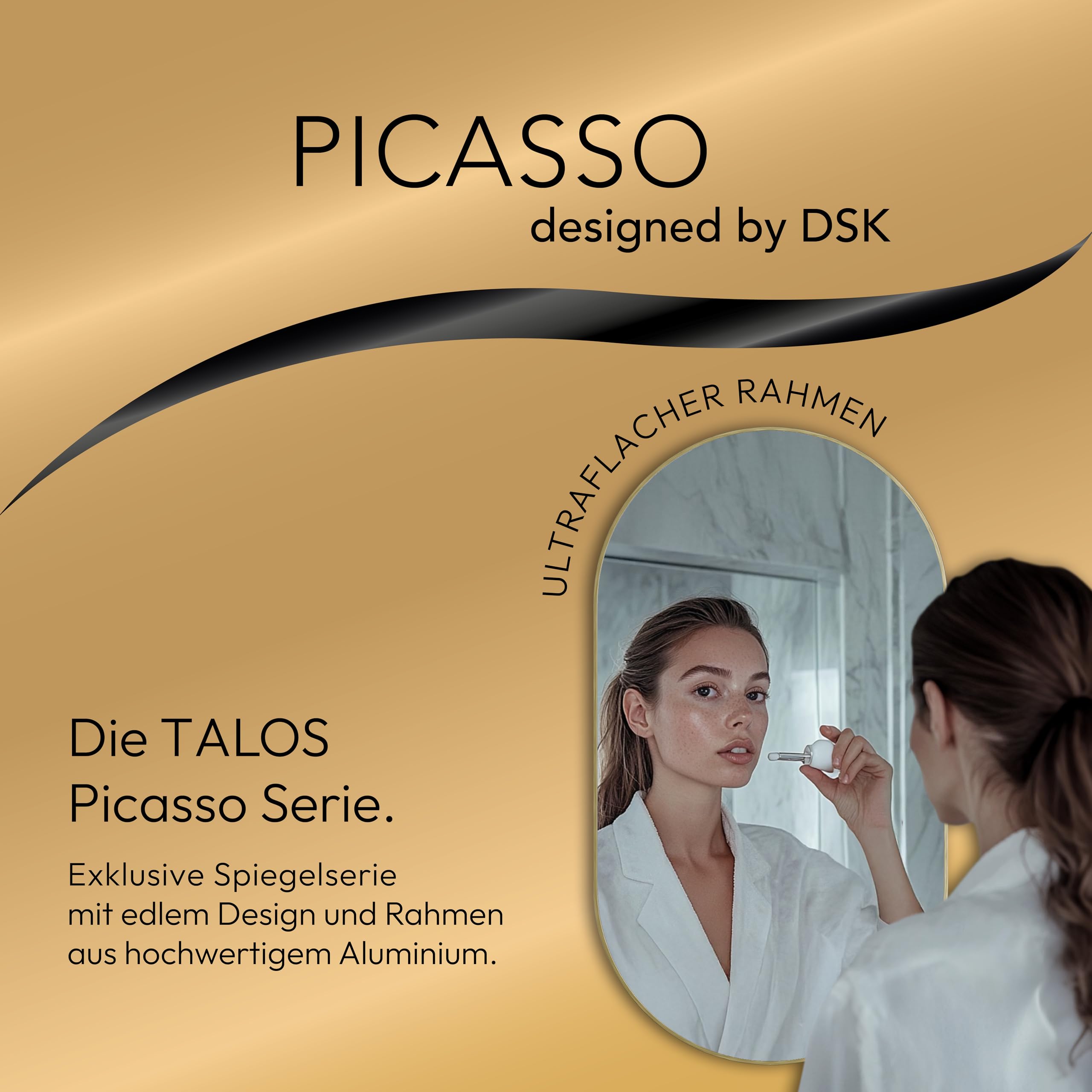 Talos Picasso Design Espejo Picasso Oro 50 x 90 cm – con Marco de Aluminio Ambiente Atemporal – Espejo de baño Espejo de Pared