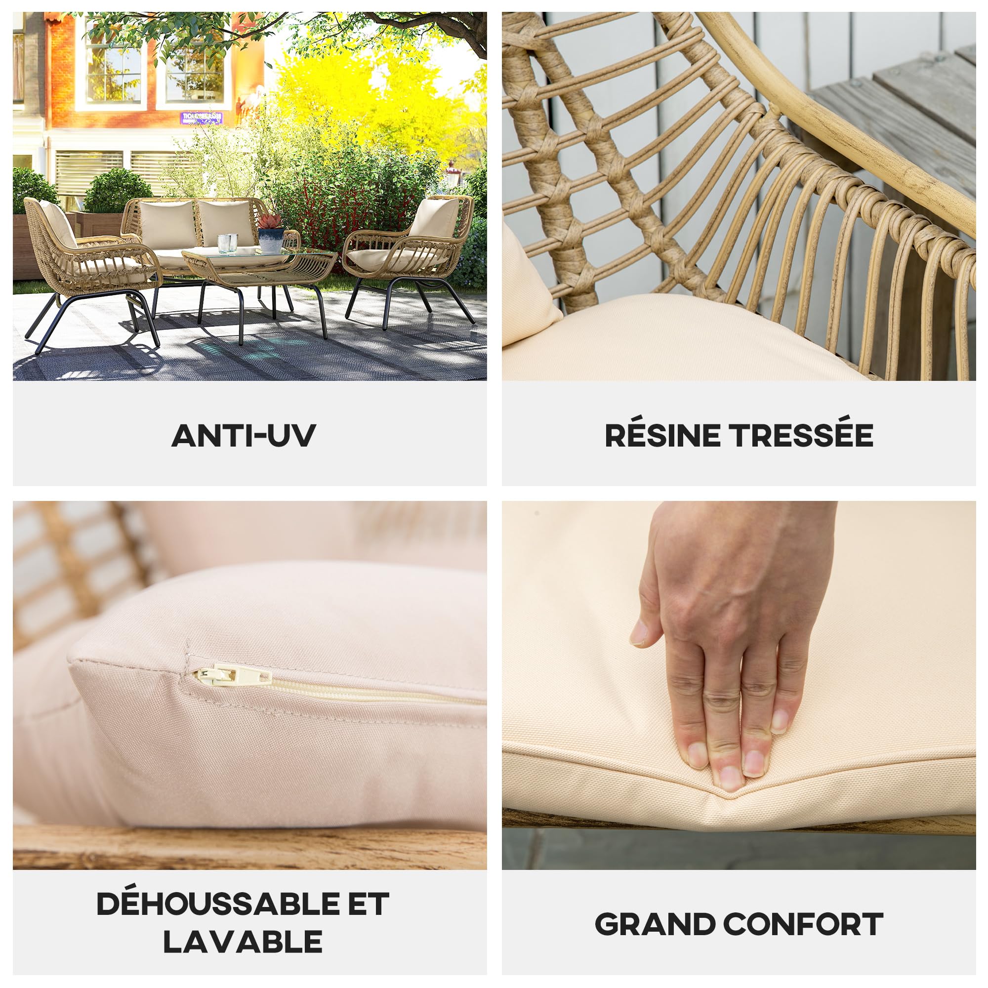 Outsunny Salon de Jardin 4 pers. 4 pièces Style Exotique métal époxy résine Imitation Coussins Grand Confort Inclus Polyester Beige