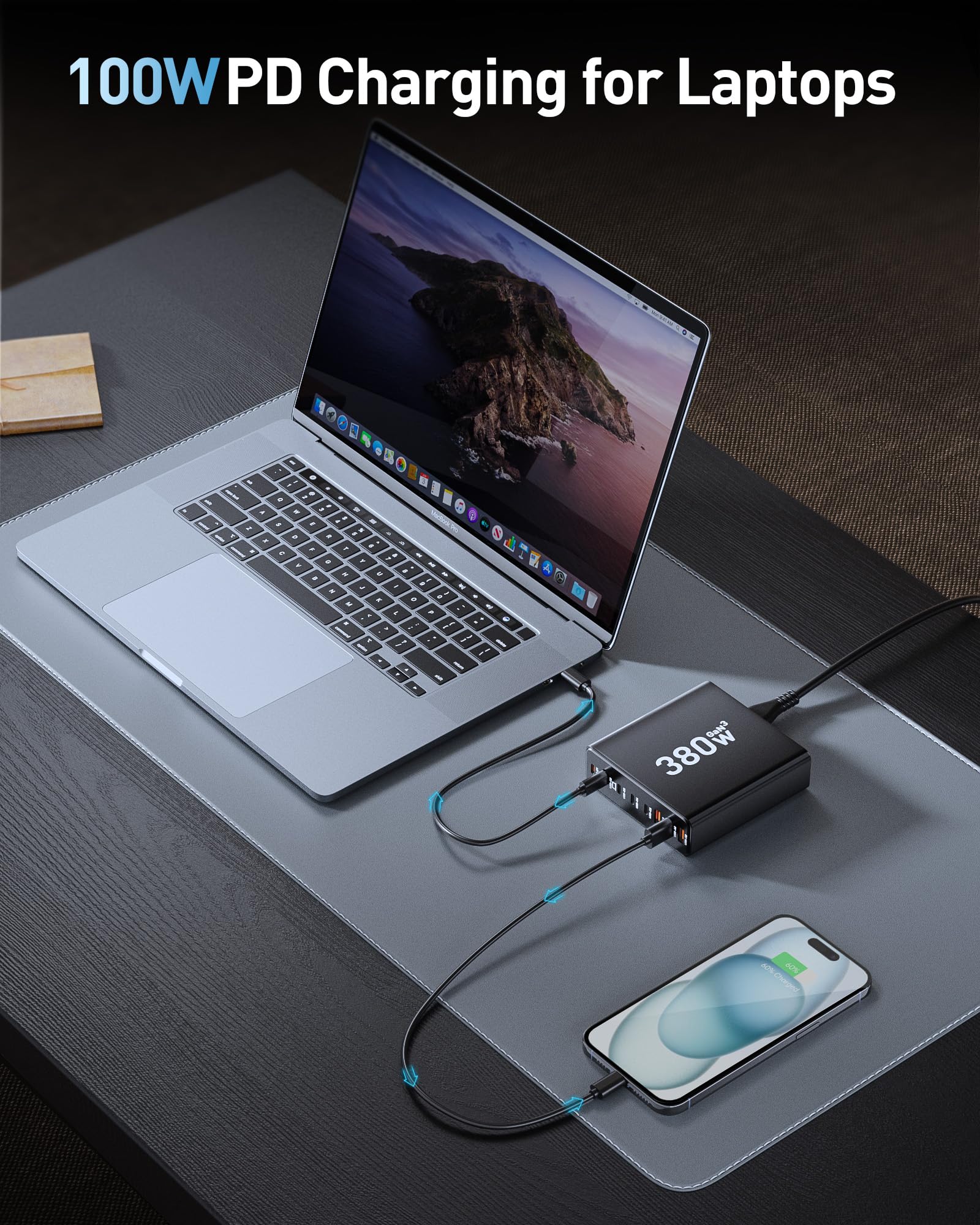 Blocco caricabatterie USB C da 280 W, stazione di ricarica USB a 8 porte GaN III PD 65 W adattatore per caricabatterie per laptop (nero brillante)