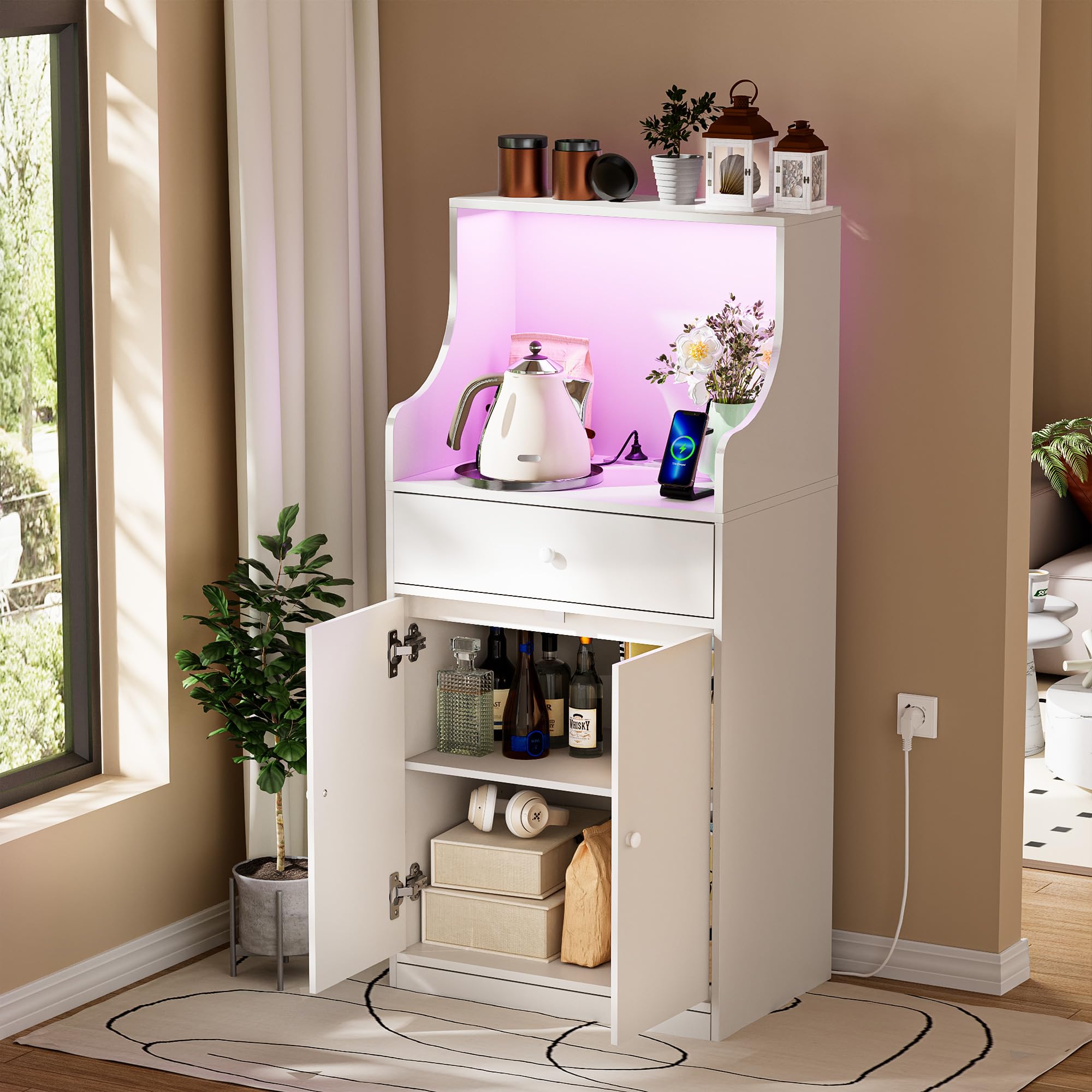 Küchen Möbel Küchenschrank Buffetschrank mit Steckdose und LED-Lichtleiste Küche Sideboard mit 1 Schubladen 1 Großer Schrank und Mikrowellenregal 60x 40x123 cm Anrichte für Esszimmer, Wohnzimmer Weiß