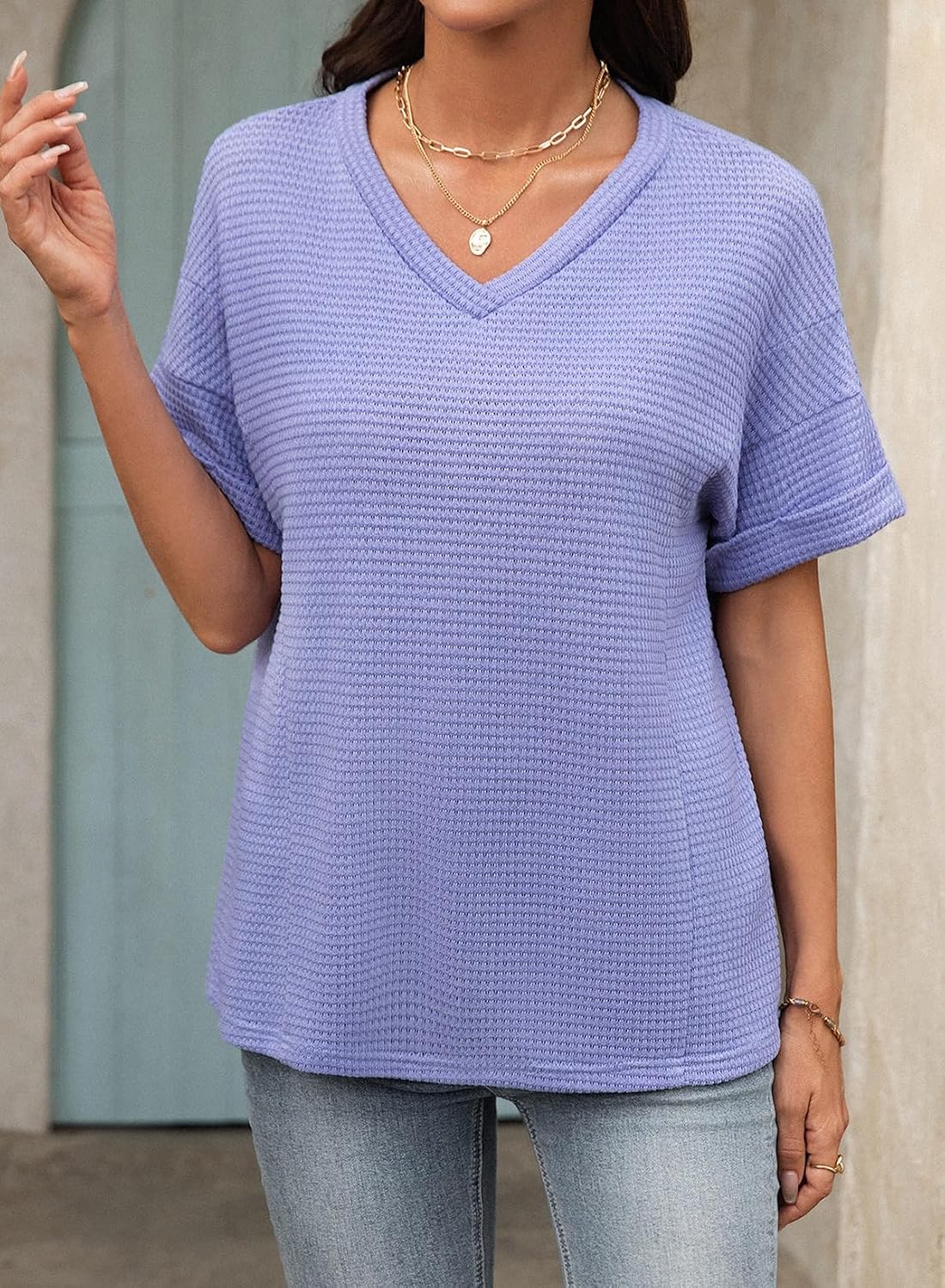 SHEWIN Womens Waffle Knit Tops V Neck Short Sleeve T Shirt Hollow Out Casual Trendy Blouses