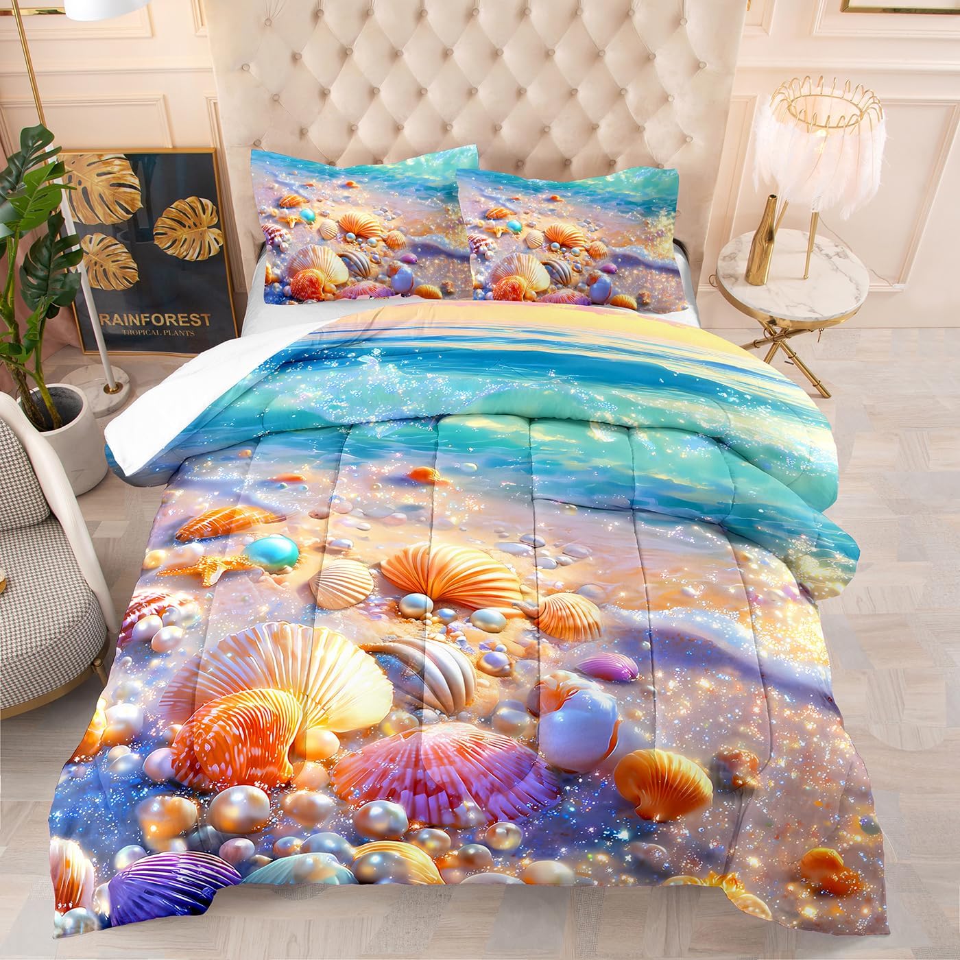 Suncloris Luxury Ocean Breeze Comforter Set for Kids and Adults, Queen Size Seashell Pearl Beach Bedding Quilt Bedspreads with 2 Coastal Sandy Patterned Pillowcases - 90"x90" (Tiffany, Queen)