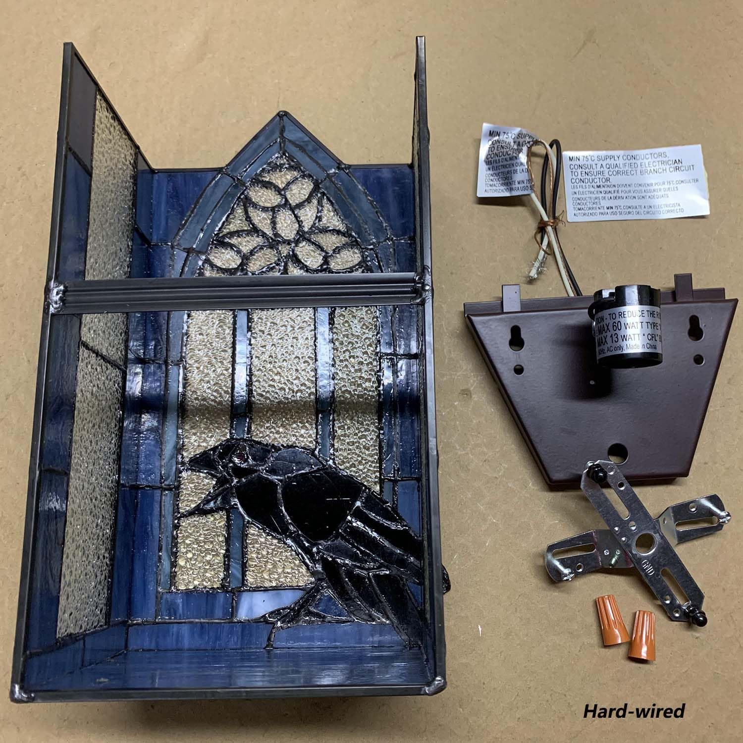 Bieye L10955 Raven Calling Outside The Gothic Window Tiffany Style Stained Glass Wall Sconces Night Light for Home Decor