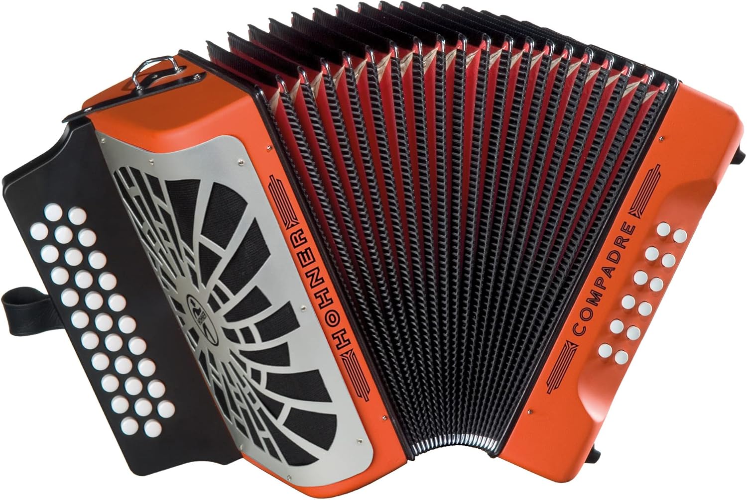 Hohner Compadre FBbEb 3-Row Diatonic Accordion - Orange Bundle with Adjustable Straps, Gig Bag, Hard Case and Austin Bazaar Polishing Cloth