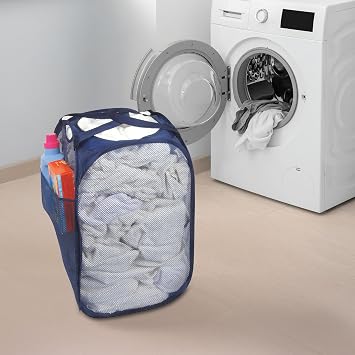 Smart Design Deluxe Mesh Pop Up Square Laundry Hamper w/ Side Pocket & Handles - VentilAir Fabric Collapsible Design - for Clothes & Laundry - Home - (Holds 2 Loads) (14 x 23 Inch) [Blue]