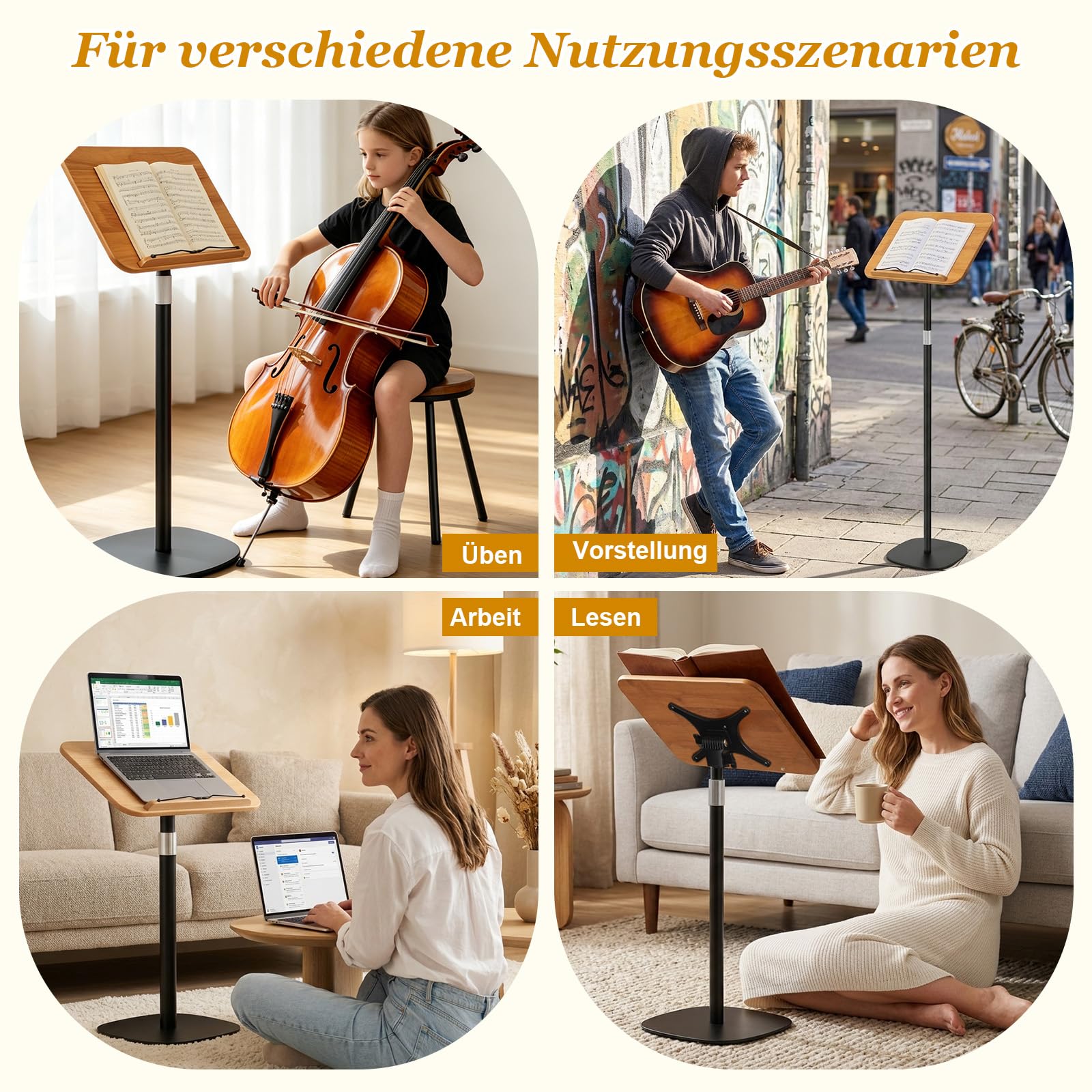 Buchständer Höhenverstellbar 50-130cm Boden Tisch Notenständer Buchhalter | 2 in 1 Verstellbarer Holz Leseständer mit Seitenclip 180°-Neigung für Musiknoten, Rezepte, Tablet, Laptop, Kochbuch