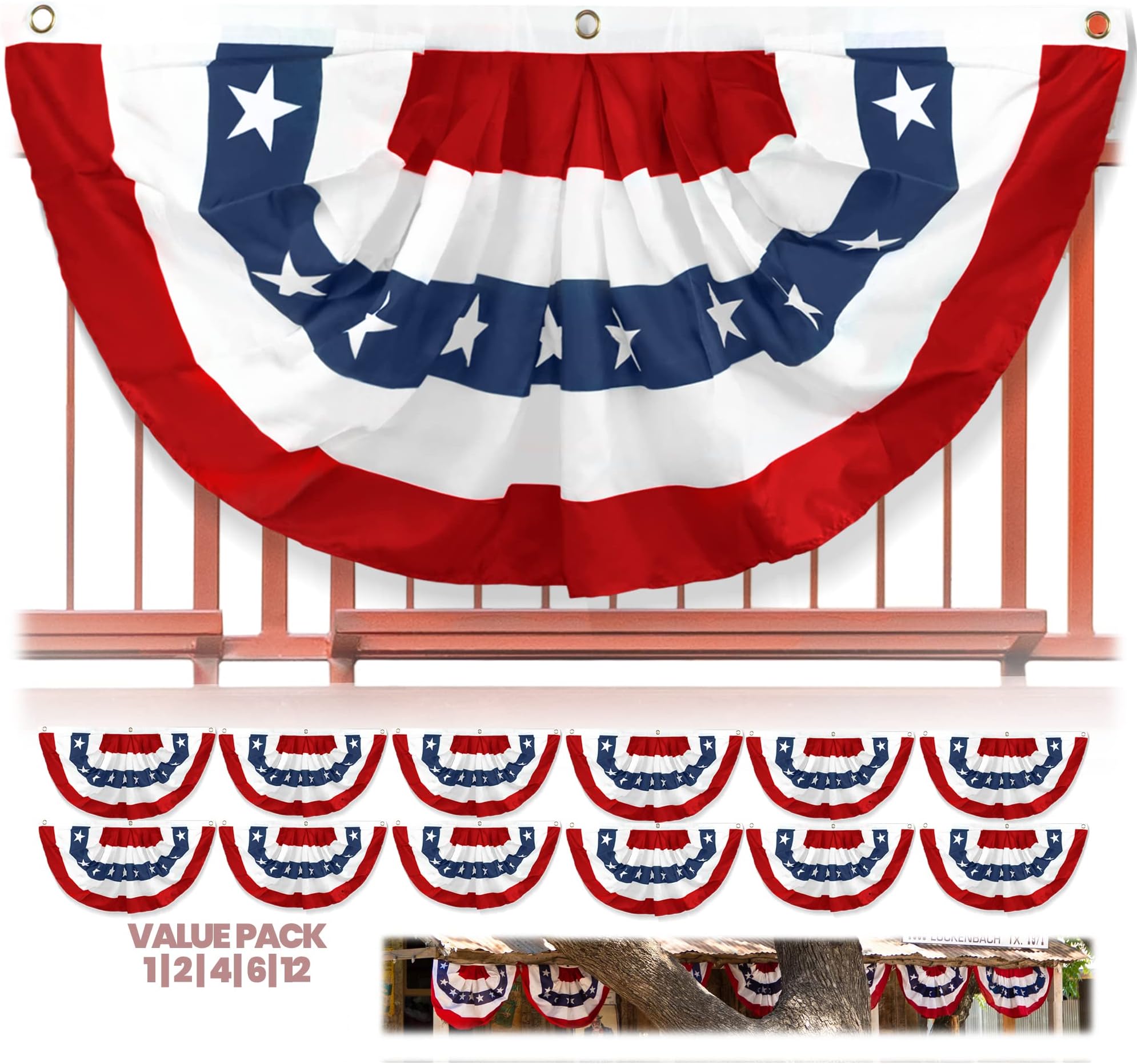ANLEY USA Pleated Fan Flag, 3x6 Feet American US Bunting Flags Patriotic Stars & Stripes - Sharp Color and Fade Resistant - Canvas Header and Brass Grommets - United States 3 x 6 Feet Half Fan Banner
