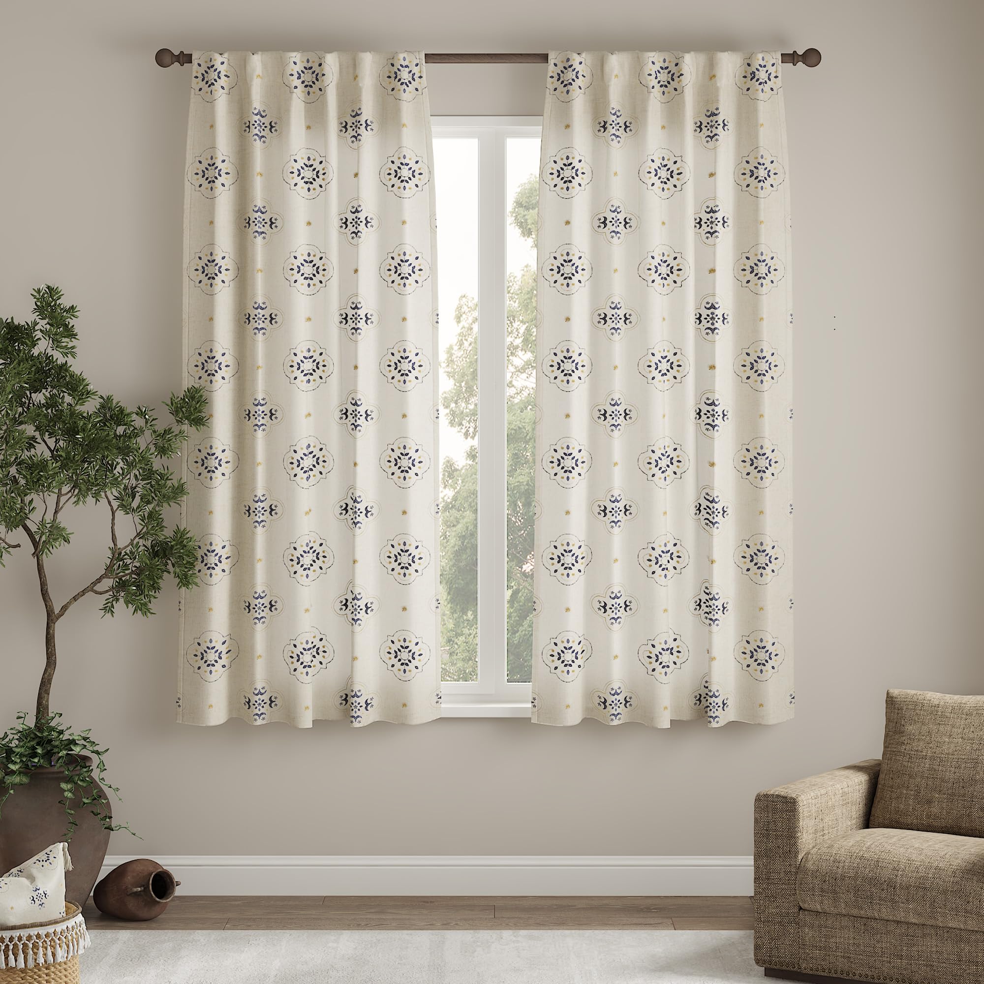 jinchan Linen Curtains 63 Inch Length Embroidery Floral Country Farmhouse Curtains for Living Room Rustic Rod Pocket Back Tab Light Filtering Window Curtains Drapes for Bedroom Blue, 2 Panels 55" W