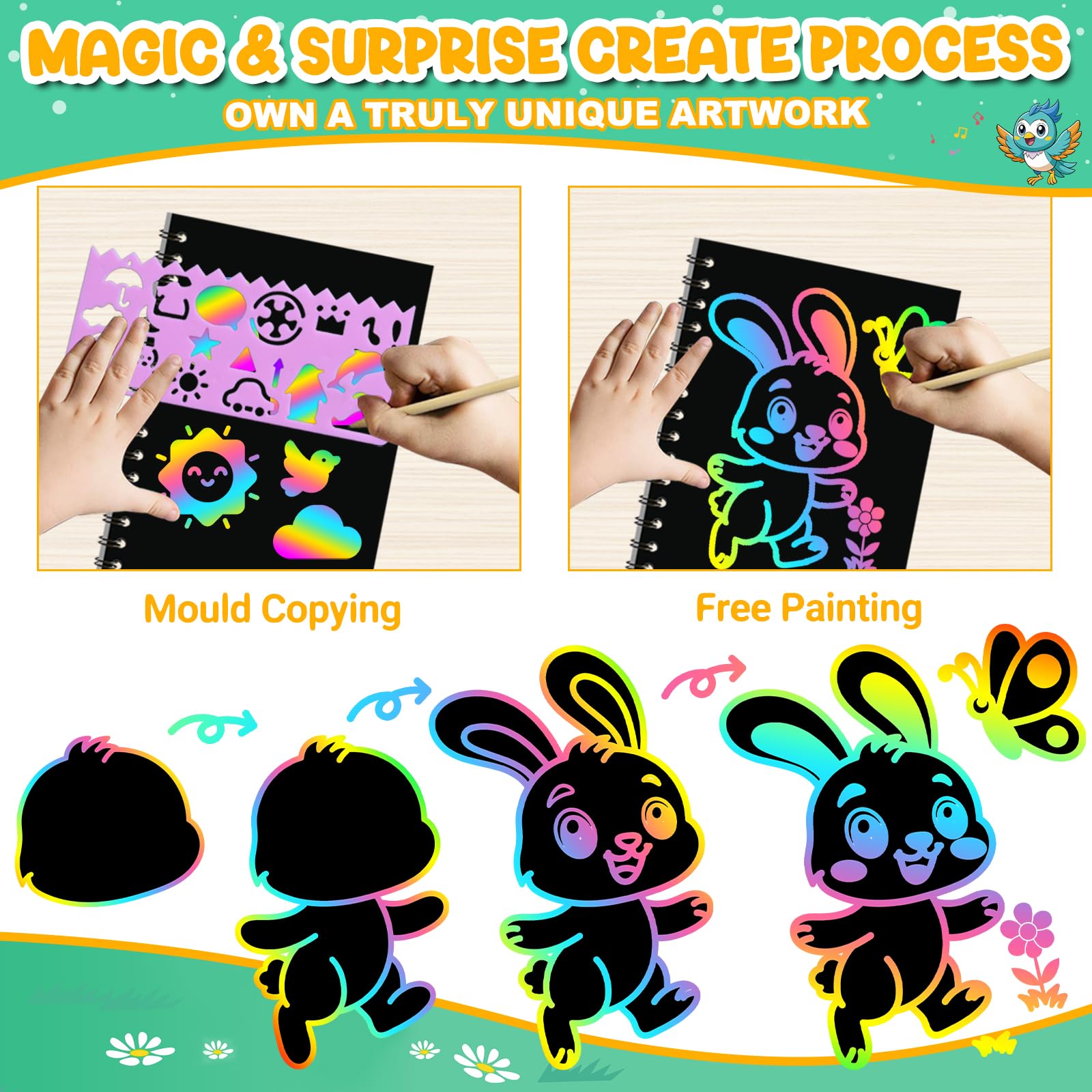 ZMLM 24 Scratch Art Bambini Kit Disegno con 24 Stencil 24 Penna in Legno - Gadget Compleanno Bambini - Regalini Fine Festa Compleanno per Bambina Bambino Alunni 3-12 Anni Anno