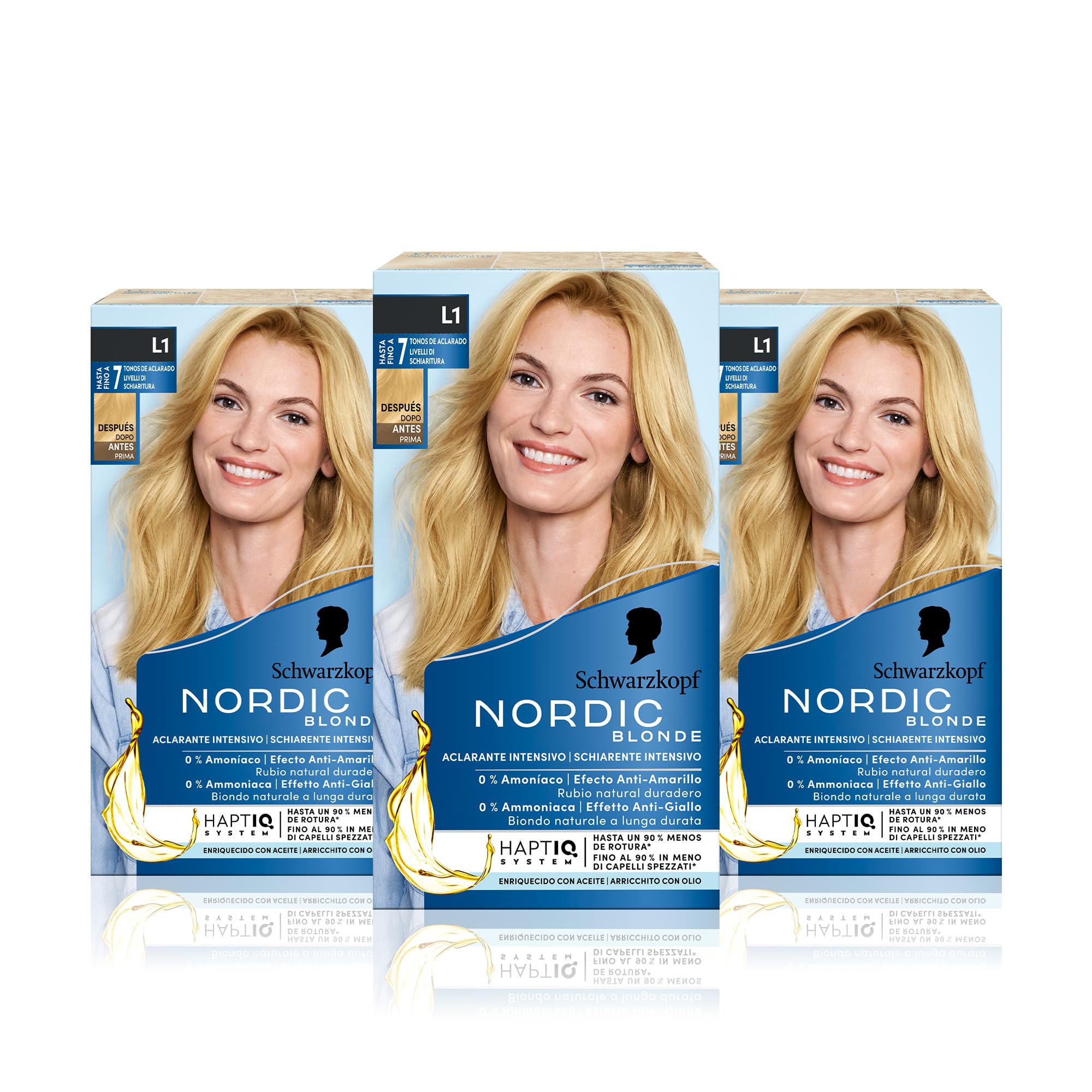 Schwarzkopf Nordic Blonde L1 Aclarante Intensivo - Coloración Permanente Sin Amoníaco - Aclara Hasta 7 Tonos - Con Aceite Activador&Omegaplex - Pack de 3