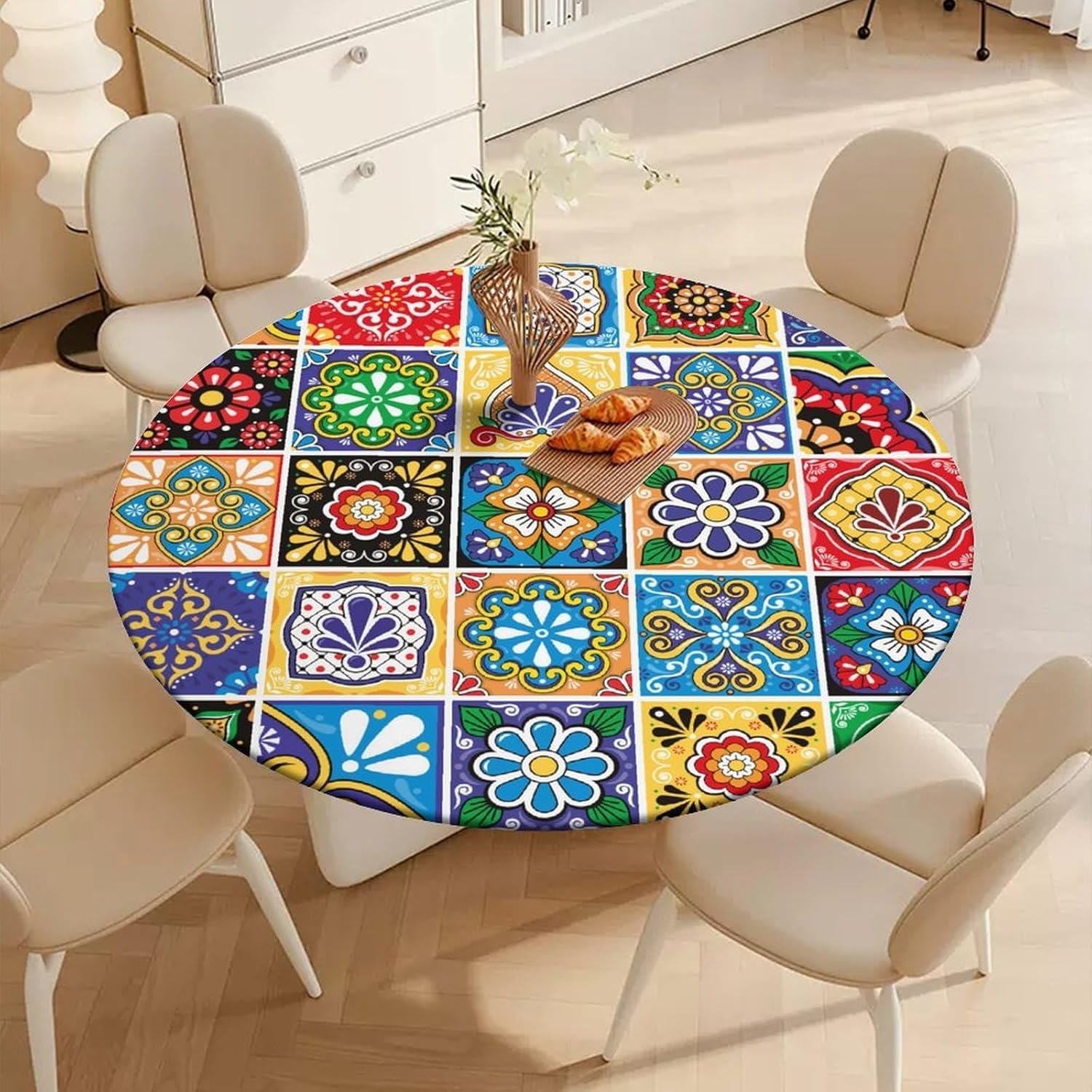 Nappe ronde polyester 112 cm motif dessin animé voiture et fleurs boho pour table