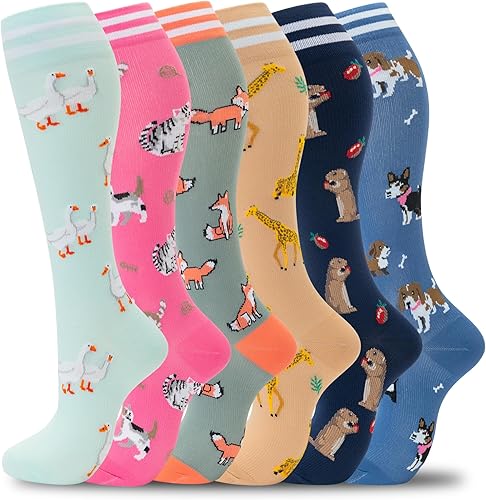 fenglaoda Calcetines de compresión para mujeres y hombres, 6 pares, hasta la rodilla, mejor apoyo para correr, viajar, vuelo, enfermera