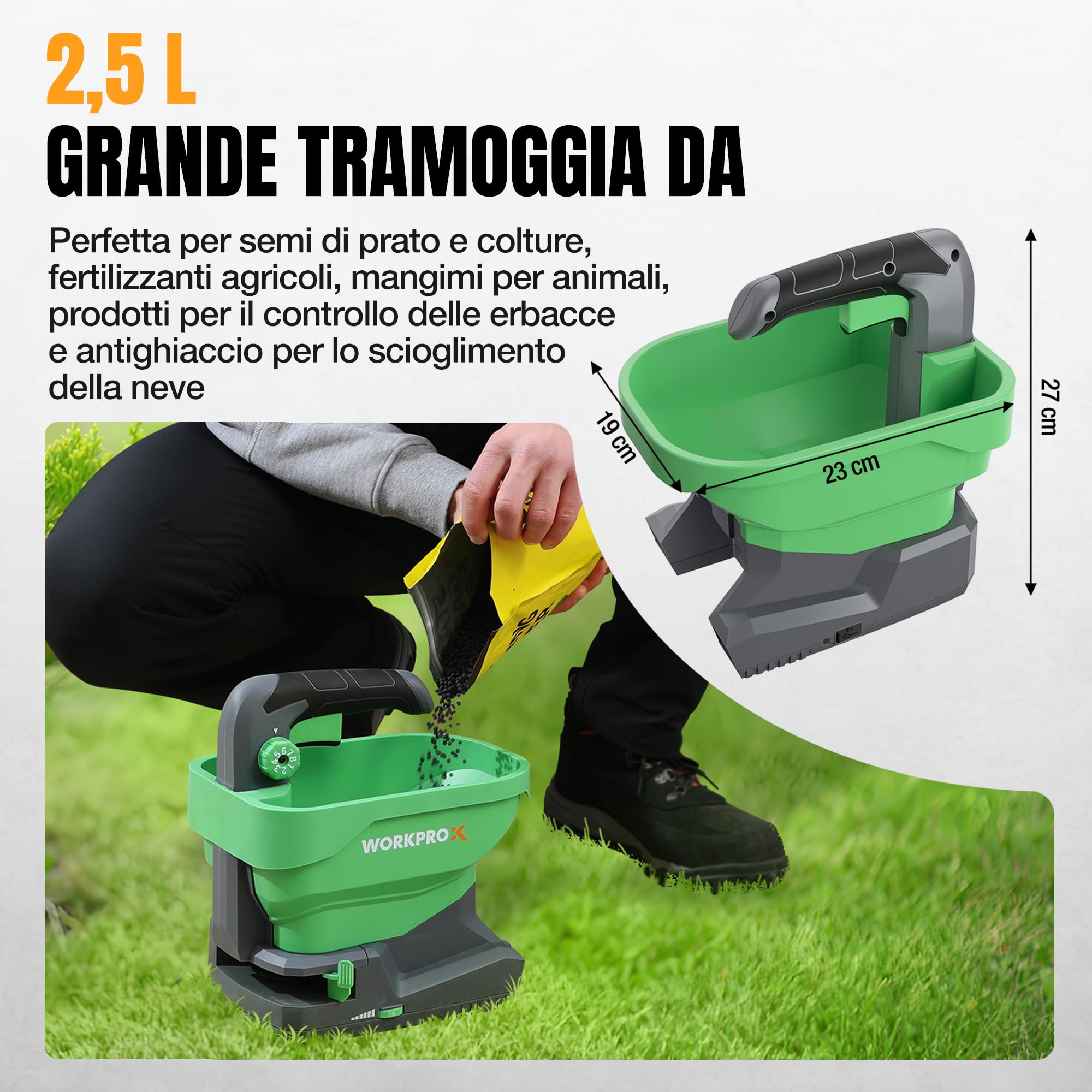 WORKPROX Seminatrice Universale a Batteria da 7,2 V con 8 Flussi, 6 Velocità e Larghezza di Proiezione Regolabile, Seminatrice Prato per Semi, Spargisale Fertilizzanti e Sale Antighiaccio