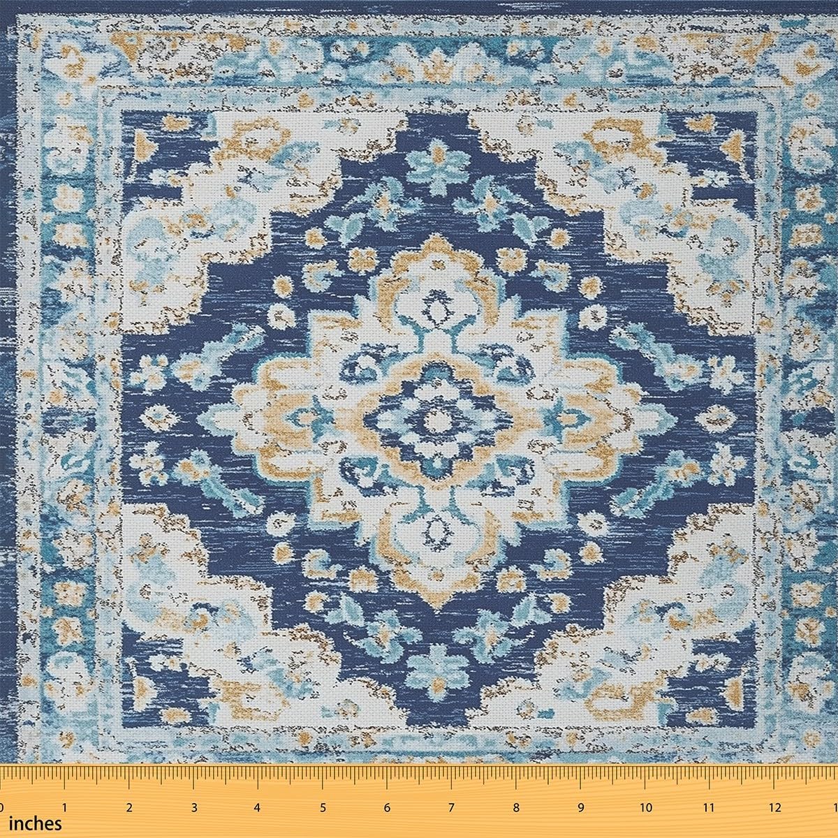 Boho Style Fabric by The Yard, Ethnic Design Gold Blue Upholstery, Farmhouse Bohemian Vintage Decorative Fabric, Antique Damask Inspired Egyptian Indoor Outdoor, 3 Yards