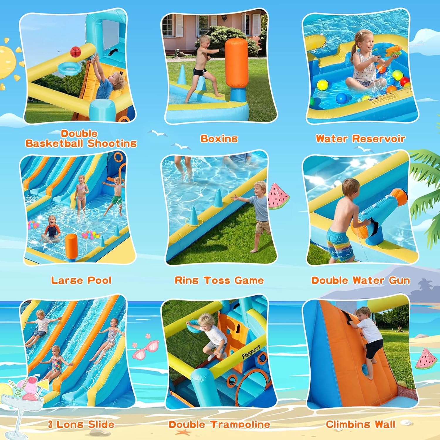 FBSPORT Aufblasbare Hüpfburg mit Gebläse,wasserpark hüpfburgen mit Wasserrutsche, Planschbecken, Sprungbereich & Kletterwand, für Innen- und Außenbereich