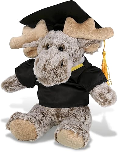 DolliBu Alce sentado con suéter de peluche de graduación – Peluche de graduación súper suave con bata y gorra con traje de borla con personalización