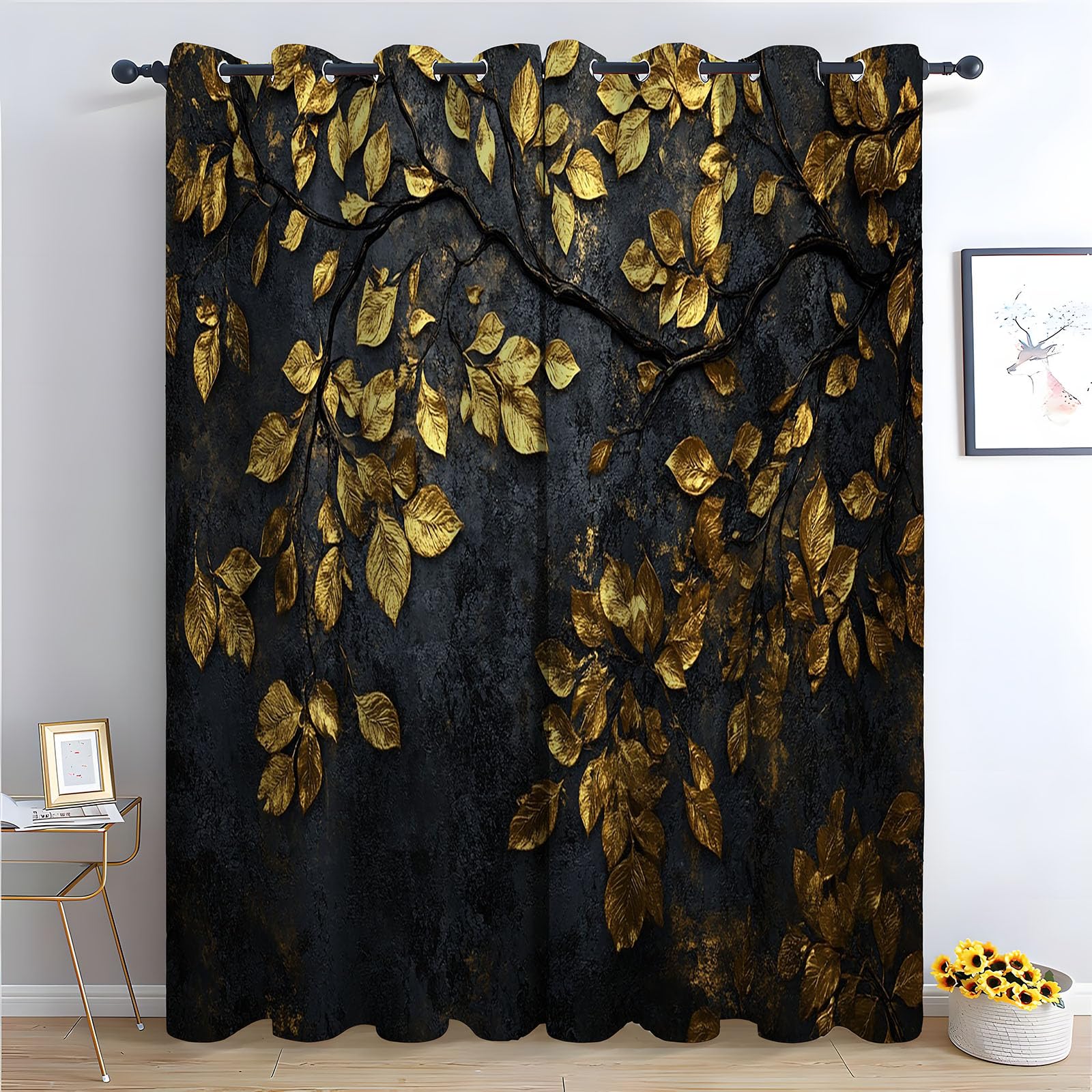 WQBQKKX Boho Abstract Line Blackout Bedroom Curtains Golden Leaves Printed Room Darkening Curtain for Bedroom, Privacy Eyelet Thermal Insulated Curtains for Room-52 W x 96" L (Pack of 2)