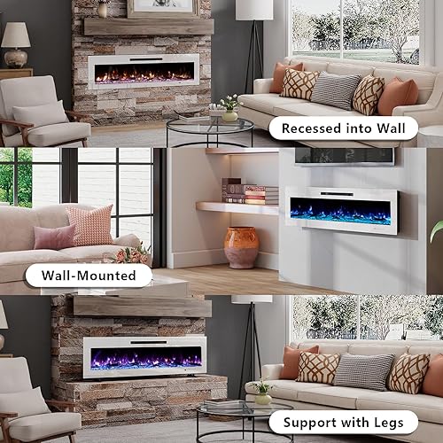 Miniatura 5 de LUXOAK Chimenea eléctrica empotrada y montada en la pared de 60 pulgadas con brillo de llama ajustable, chimenea de espejo independiente con patas,