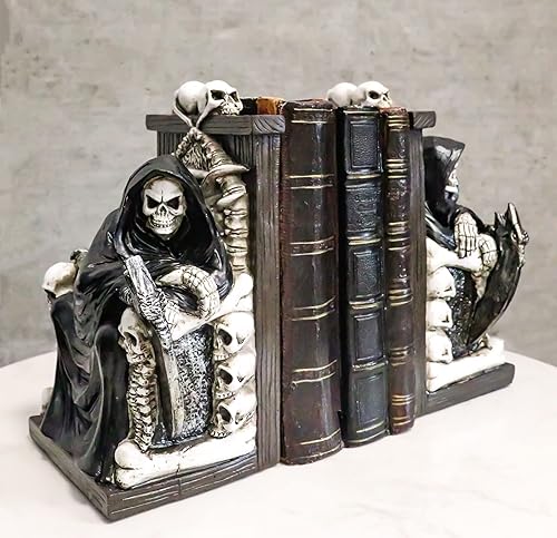 Miniatura 8 de Ebros Gift Parca gótica, señor oscuro sentado en calaveras y huesos de esqueleto, tronos, par de sujetalibros, estatua de 7 pulgadas de alto,