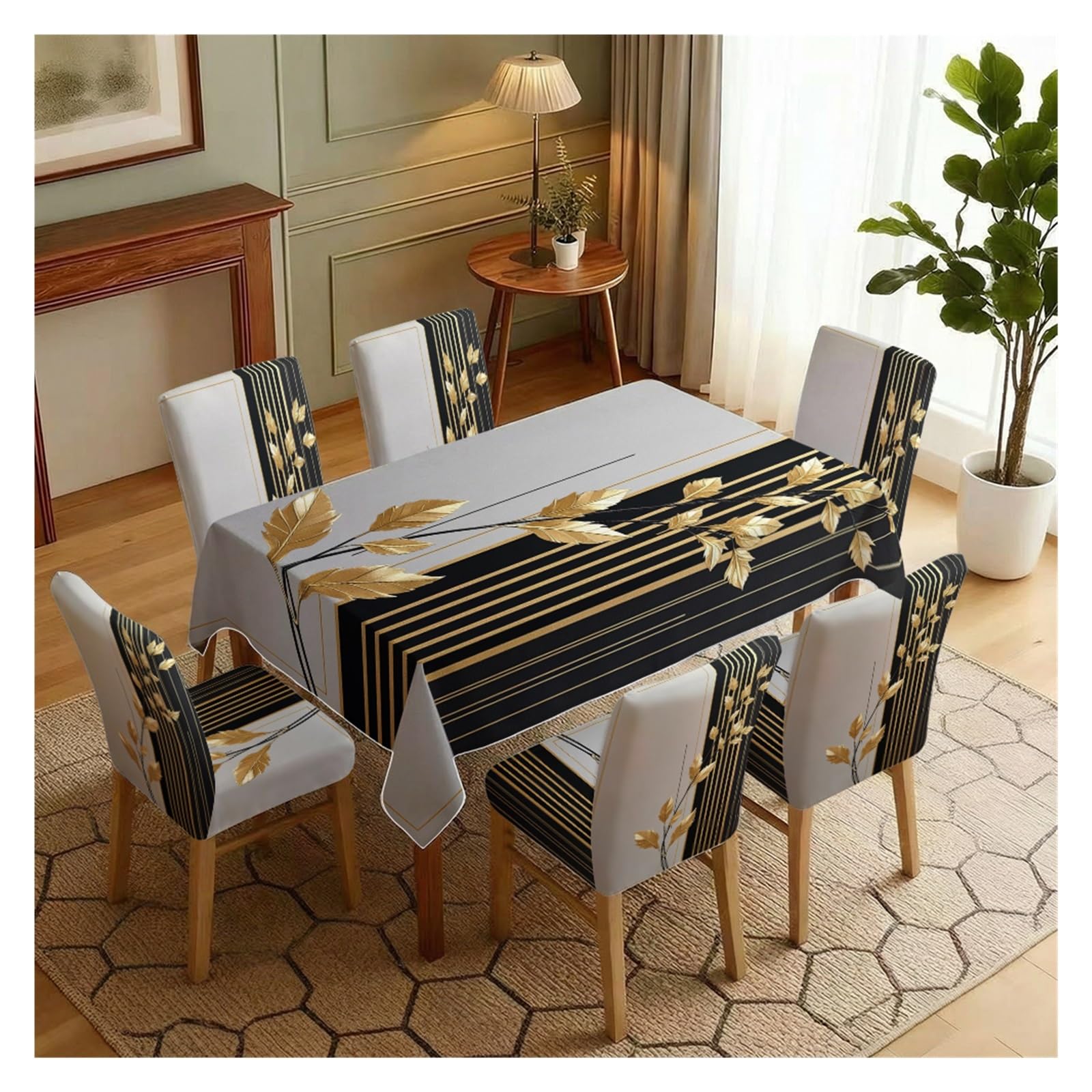 KXUAUV Luxury Black Gold Leaf Geometric Print Tablecloth And Chair Covers Set, Stretch Slipcovers For Elegant Modern Dining Room Party Decor, 5/7 Pack Party Decor(7pcs Set: Tablecloth+Chair Covers)