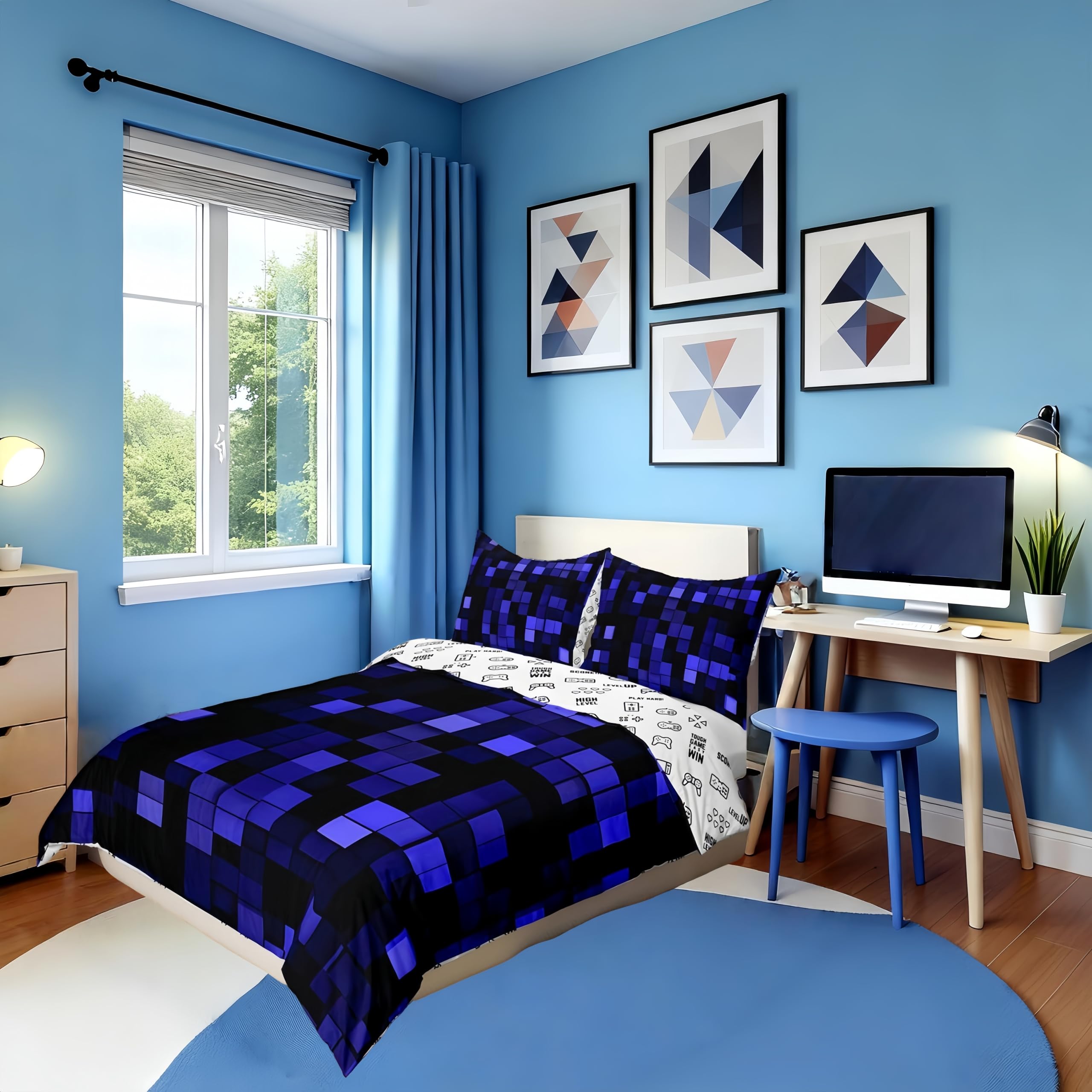 Manfei Pixelated Miners Gamer Kids Duvet Cover Set King Size,Video Games Cartoon Gamepad Bedding Set,Modern Geometric Check Girls Boys Room Decor,Dark Blue,2 Pillowcases(No Comforter)