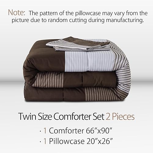 Miniatura 2 de Andency Juego de edredón a rayas tamaño individual (66 x 90 pulgadas), 2 piezas de edredón de rayas de retazos marrones, juego de edredón