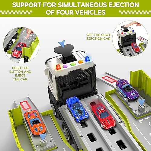 Miniatura 3 de Camión transportador de carreras de juguete para niños, plegable de 3 capas, juego de pista de carreras de autos de juguete y 8 autos de carreras,